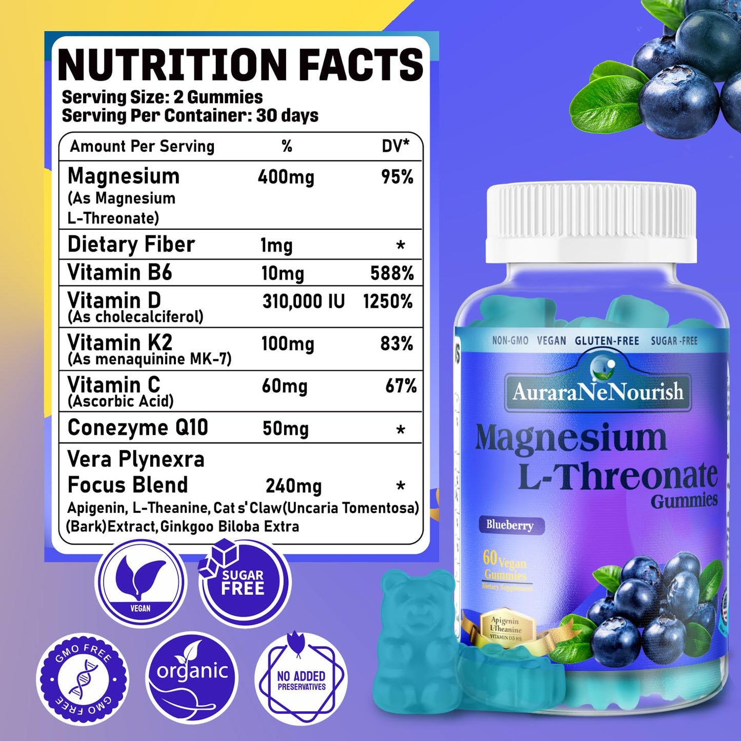 AuraraNeNourish Magnesium L-Threonate Gummies with Apigenin L-Theanine, 60 Count