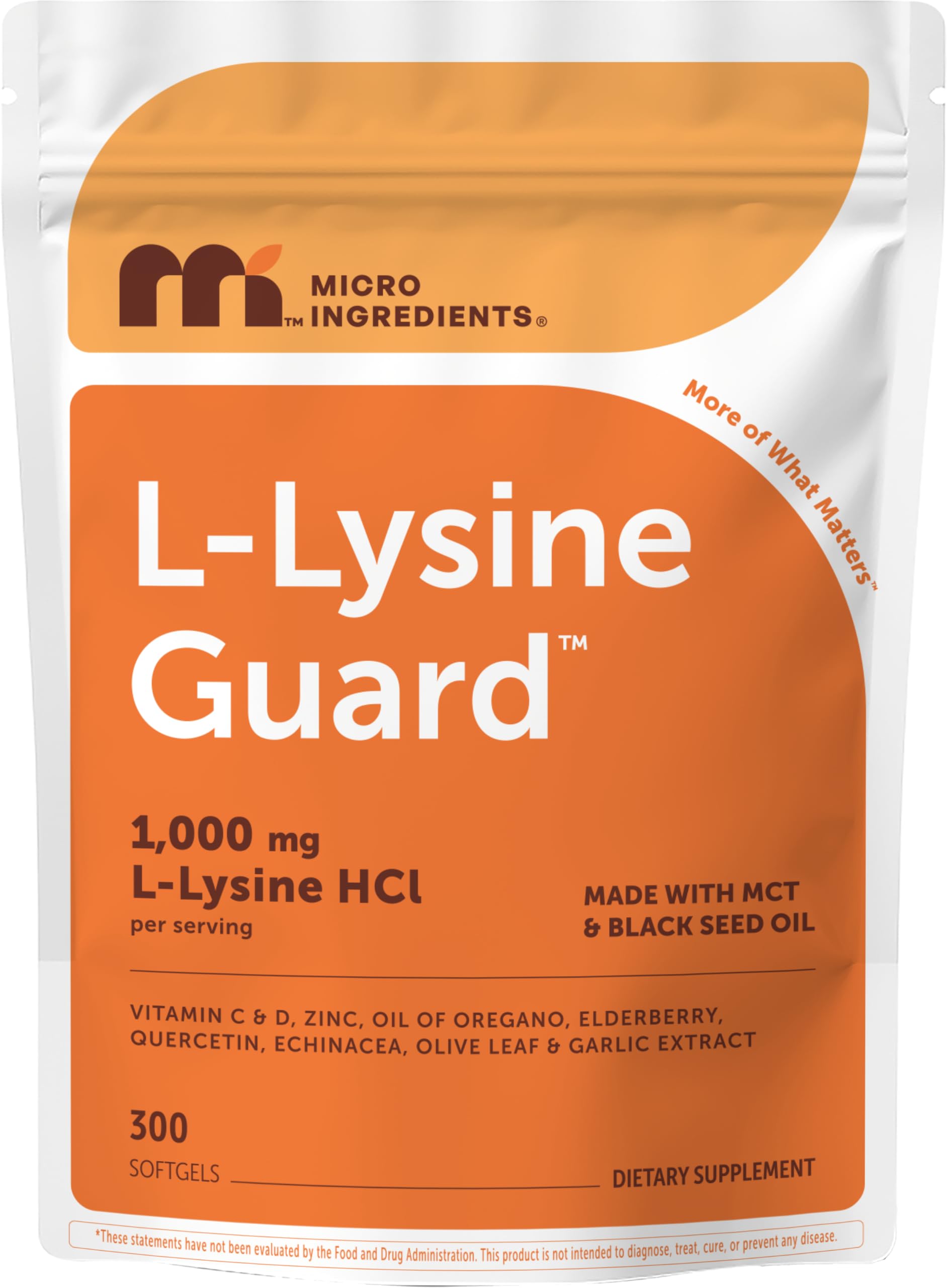 Micro Ingredients L-Lysine Guard 1,000mg Per Serving Softgels 300