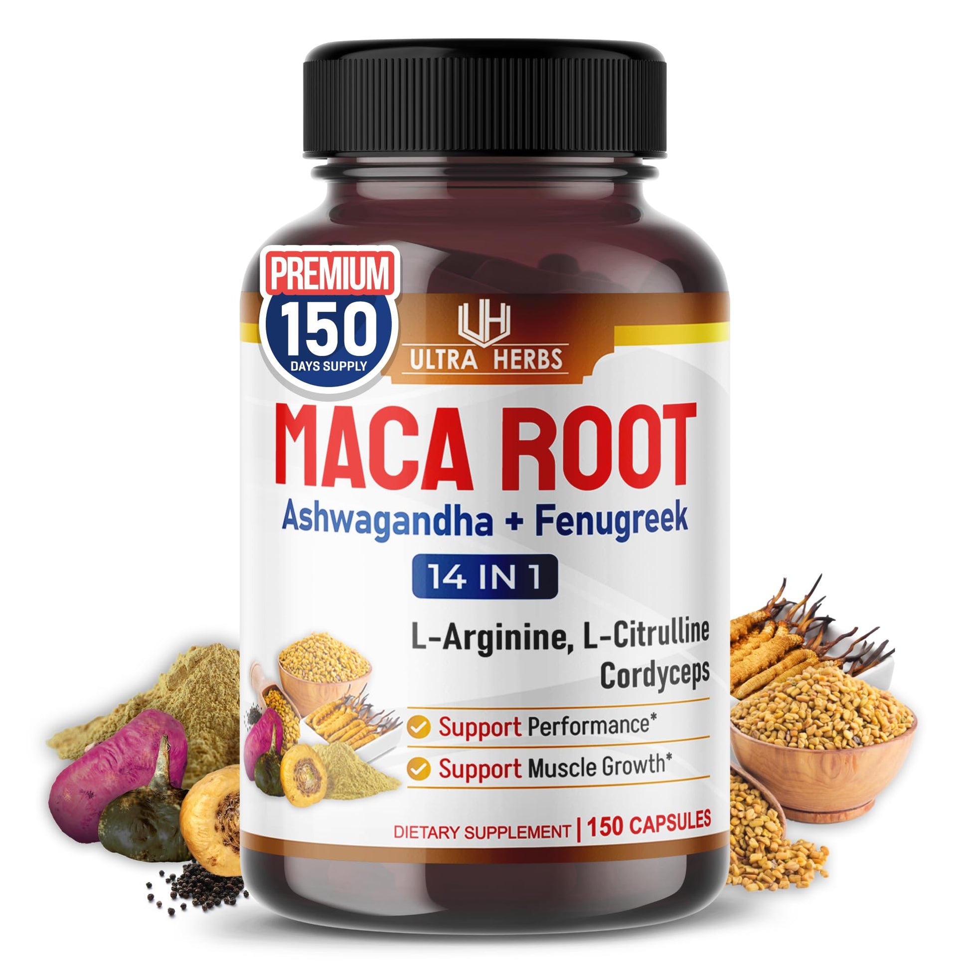 ULTRA HERBS Peruana Maca Root Black, Red, Yellow Capsules, 150 Count