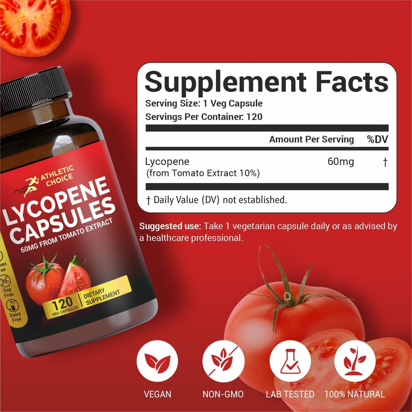 Athletic Choice Lycopene Supplement Capsule, 60mg, Natural Tomato Extract Powder, 120 Capsules