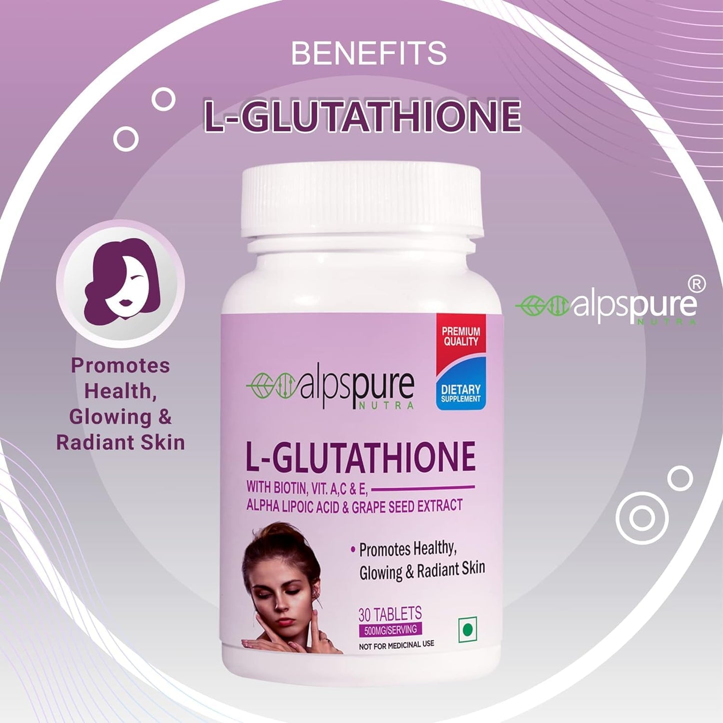 Generic L-Glutathione Tablets with Biotin, Vitamin A, C, E, Alpha Lipoic Acid & Grape Seed Extract, 30 Tablets
