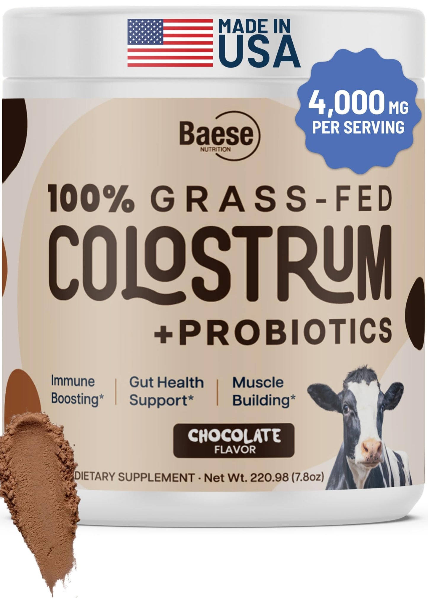Baese Nutrition Organic Chocolate Colostrum Powder with Probiotics, 7.79 oz