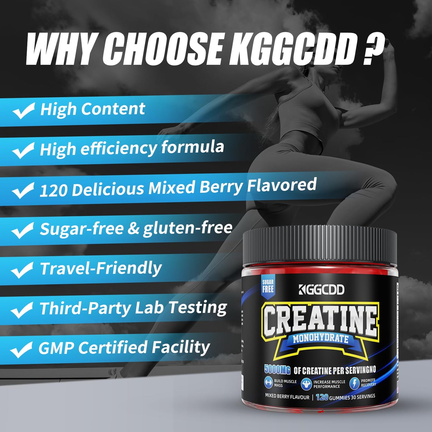 KGGCDD Creatine Monohydrate Gummies Complex, Pre-Workout for Men & Women, 90 Count