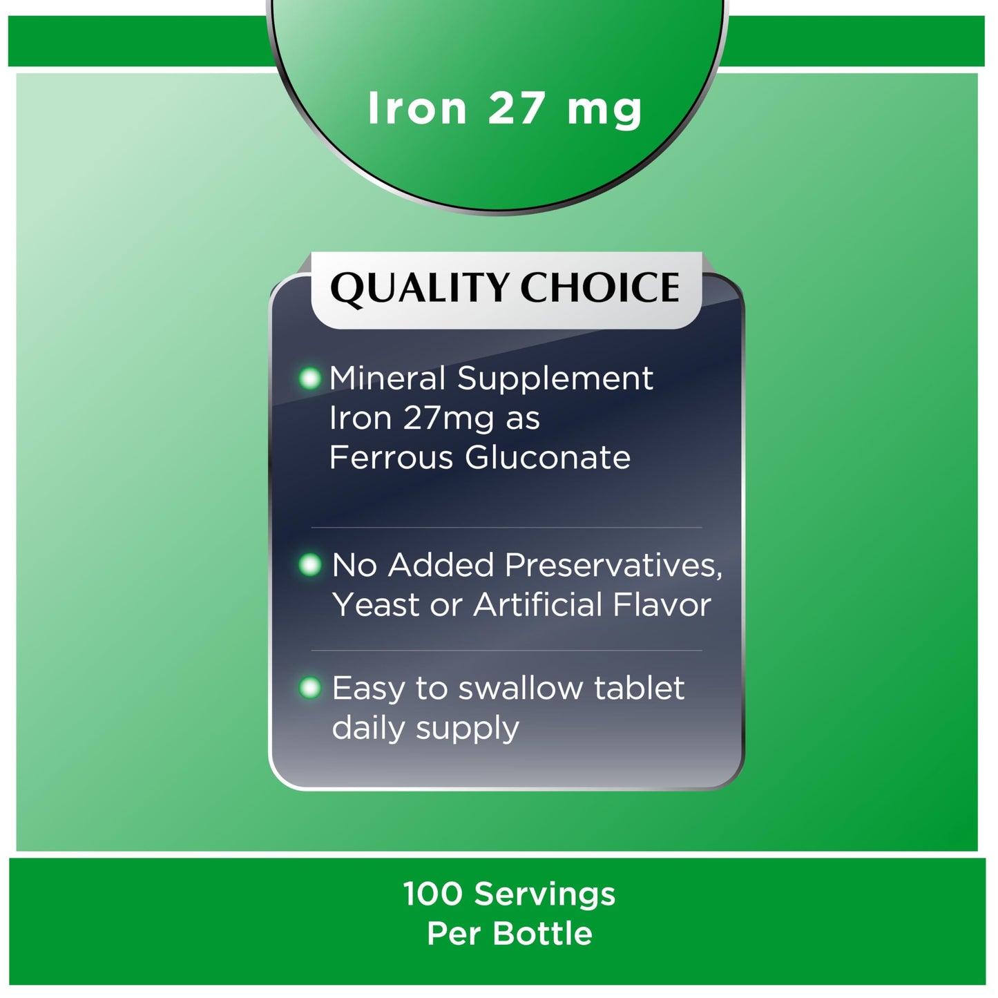Quality Choice Energy Support Iron 27 mg Ferrous Gluconate Tablets 100 Count