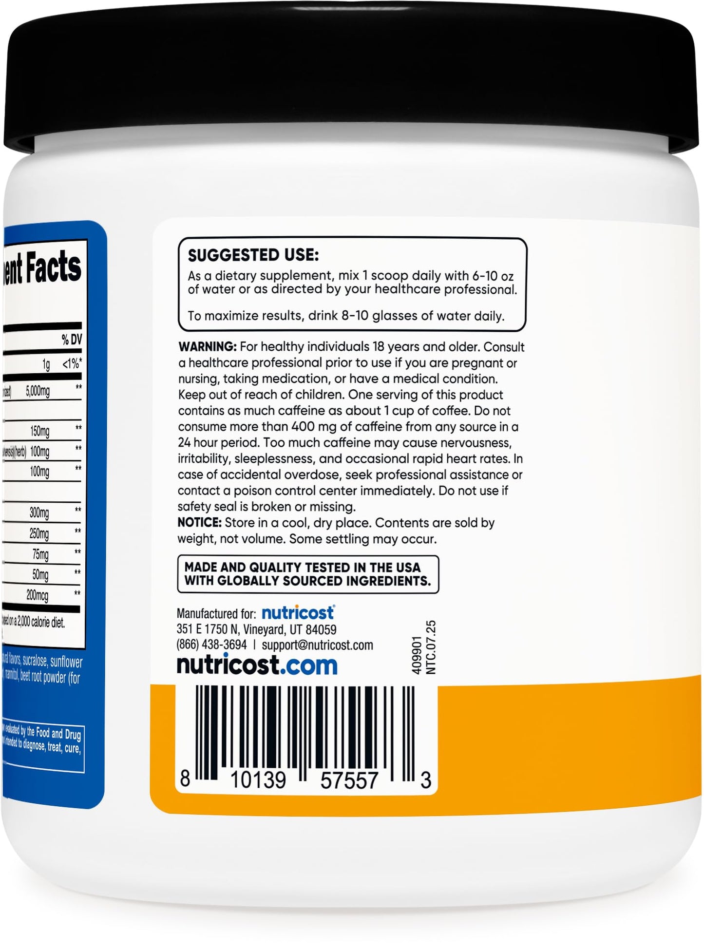 Nutricost Creatine + Energy Powder Peach Mango 9.4 oz