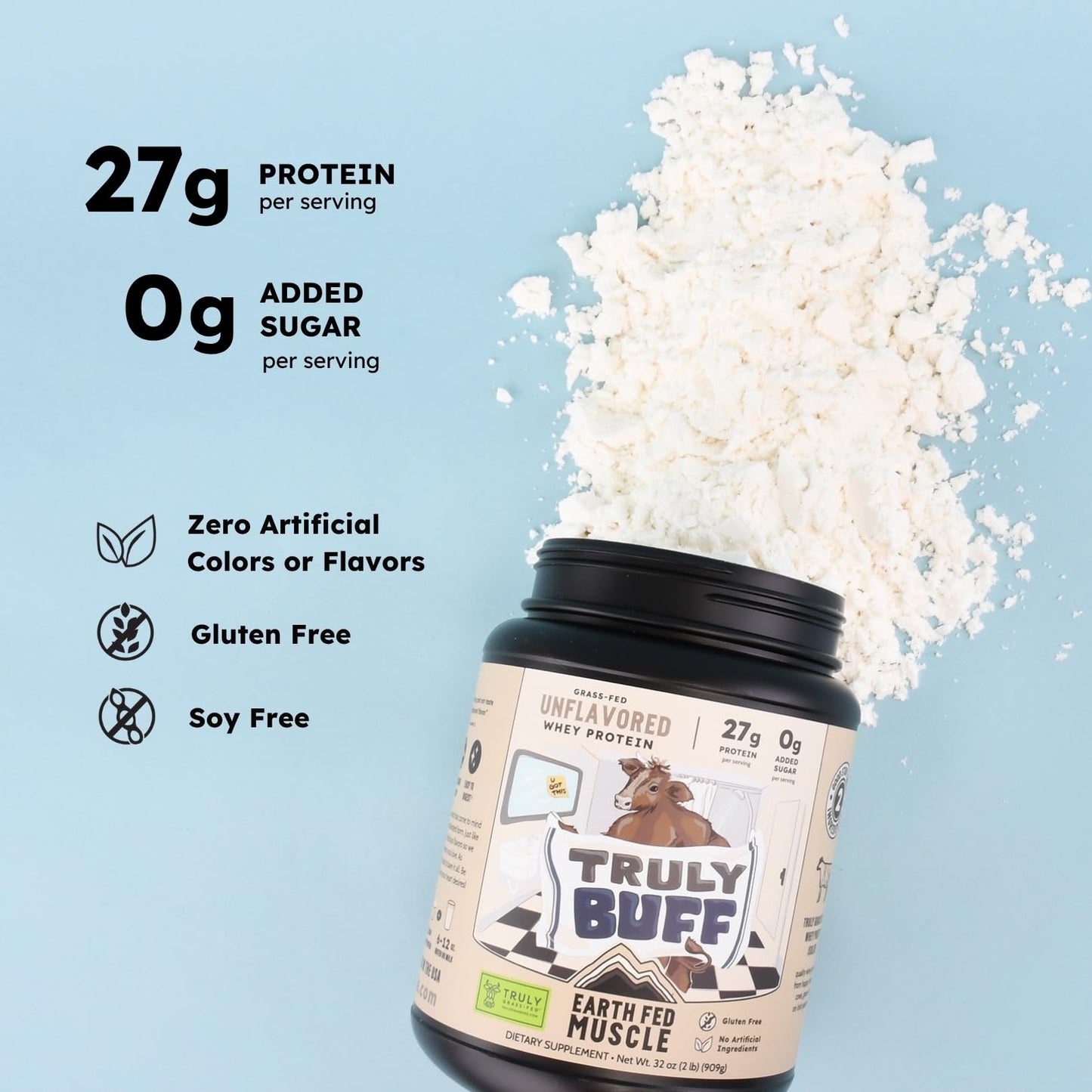 Earth Fed Muscle Truly Buff Unflavored Irish Grass Fed Whey Protein Isolate Powder, 32 oz