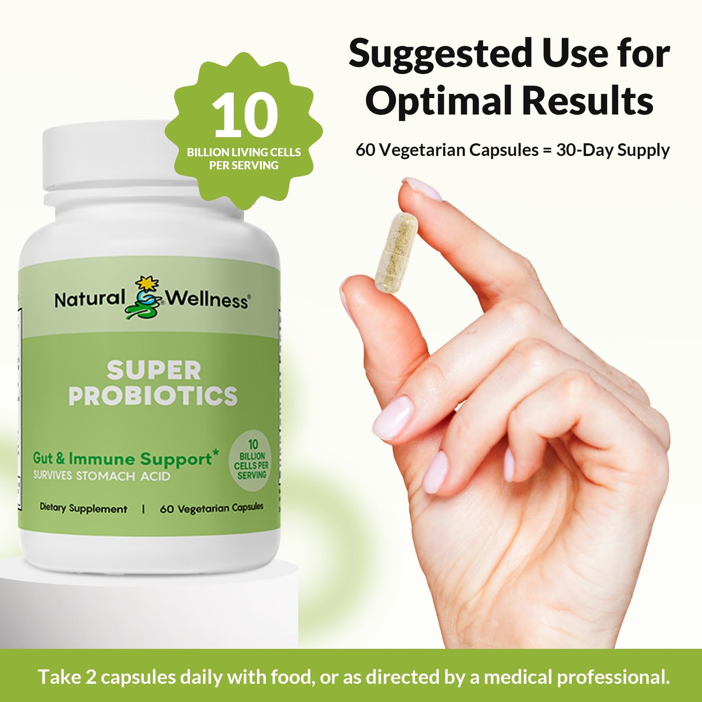 Natural Wellness Super Probiotic + Prebiotic Blend – 10 Billion CFUs with 8 Strains – Probiotics for Digestive Health, Gut Balance & Immune Support – Non-GMO, 60 Capsules