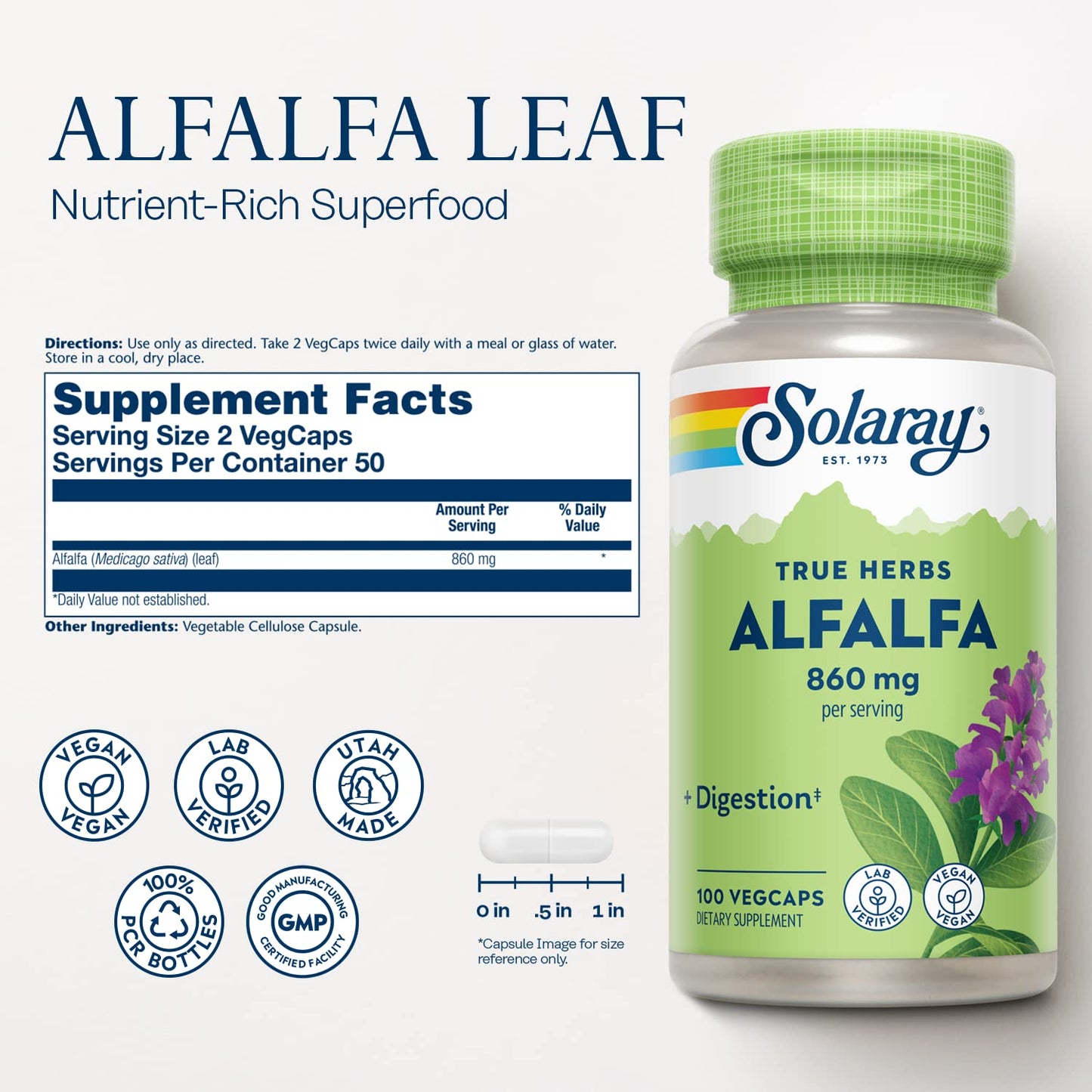 SOLARAY Alfalfa Leaf Supplement 860mg Capsules 100 Count
