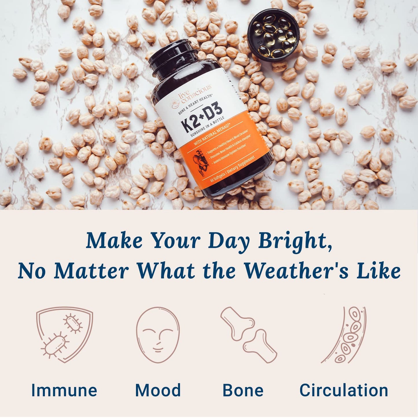Live Conscious Vitamin K2 MK7 with D3 Softgel 120 Count