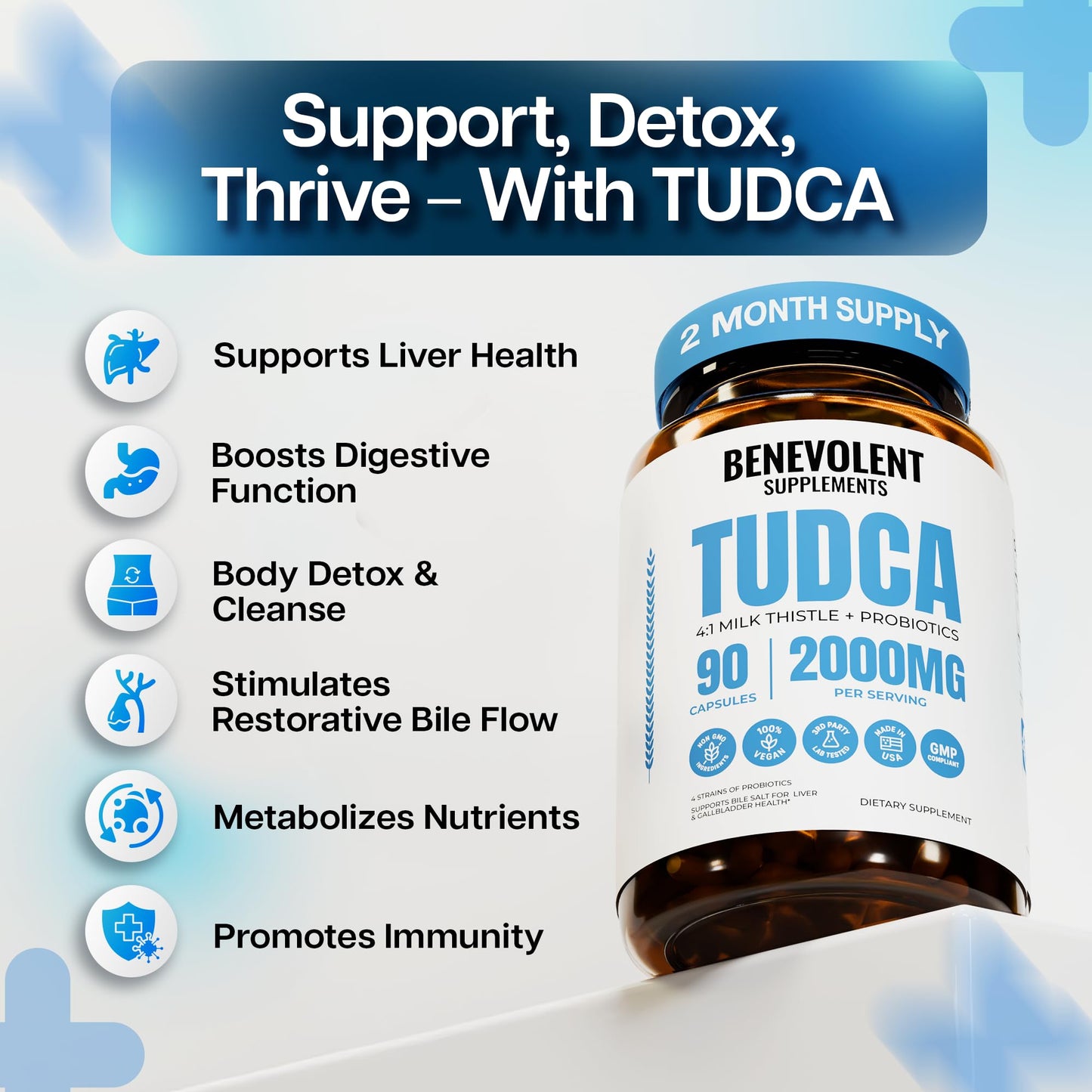 Benevolent Nourishment 2000mg Advanced TUDCA Bile Salts Supplement Capsules, 90 Count