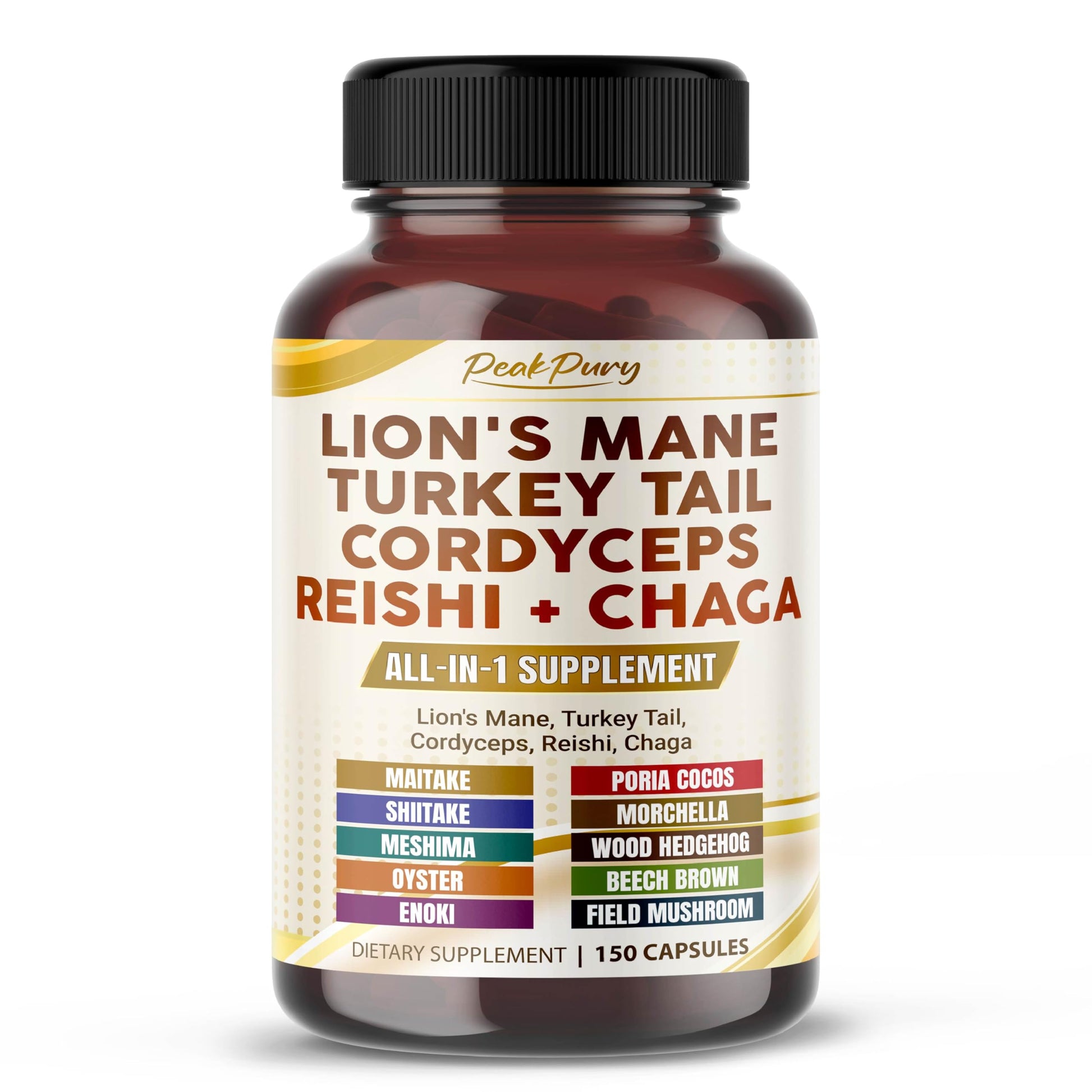 PEAKPURY Lion's Mane Turkey Tail Cordyceps Reishi Chaga Capsules 150 Count