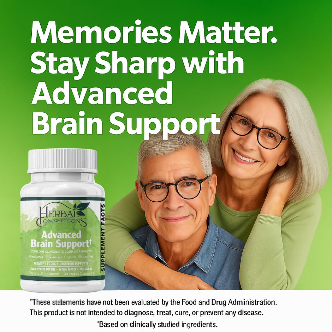Herbal Connections Advanced Brain Support – Cognitive Function & Memory Booster for Adults Brain Health Supplement with Bacopa Monnieri, Ginkgo & B-Vitamins Non-GMO Gluten-Free Capsules, 30