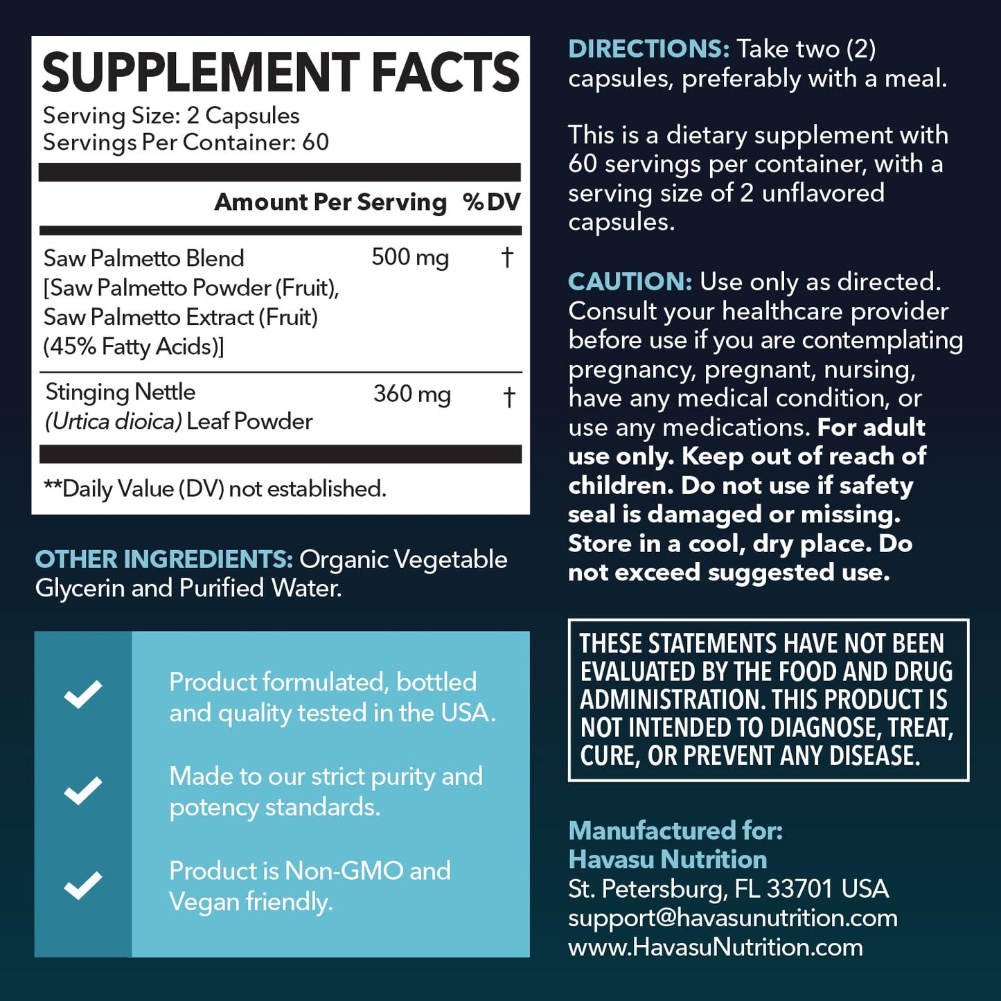 HAVASU NUTRITION Saw Palmetto and Nettle Root Extract Prostate Health Supplement Capsules 120