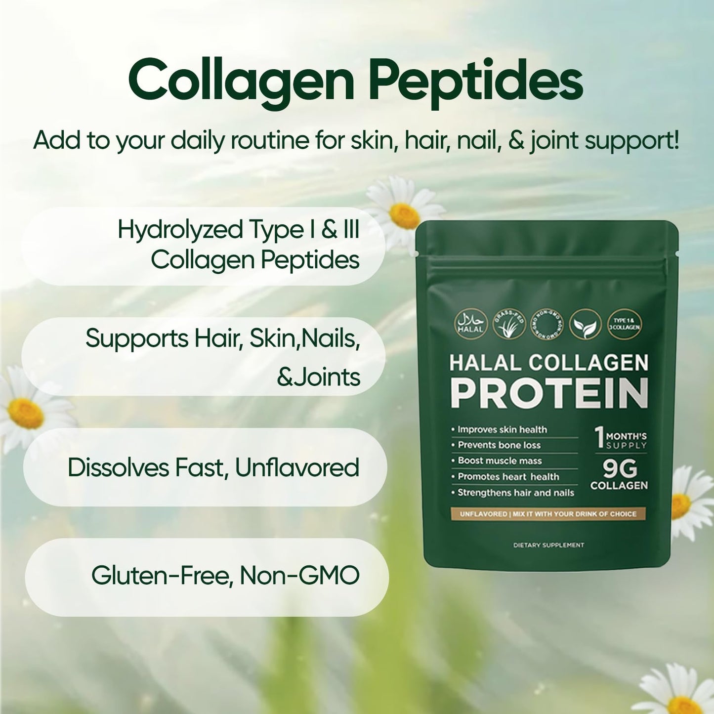 Vlsdoin Halal Collagen Protein Powder, Grass-Fed Collagen Peptides, Type I&III, 100% Hydrolyzed for Hair, Skin, Nails, Gut, Bone & Joint Health, Sugar Free, Unflavoured, 10.58 oz