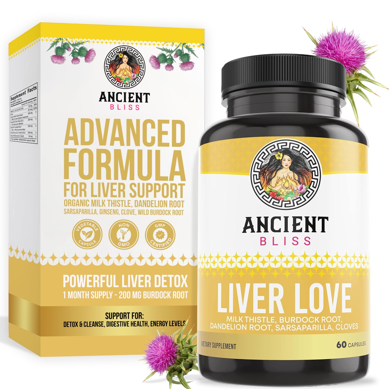 Ancient Bliss Liver Love Milk Thistle Liver Detox and Liver Health Cleanse Supplement - 60 Capsules
