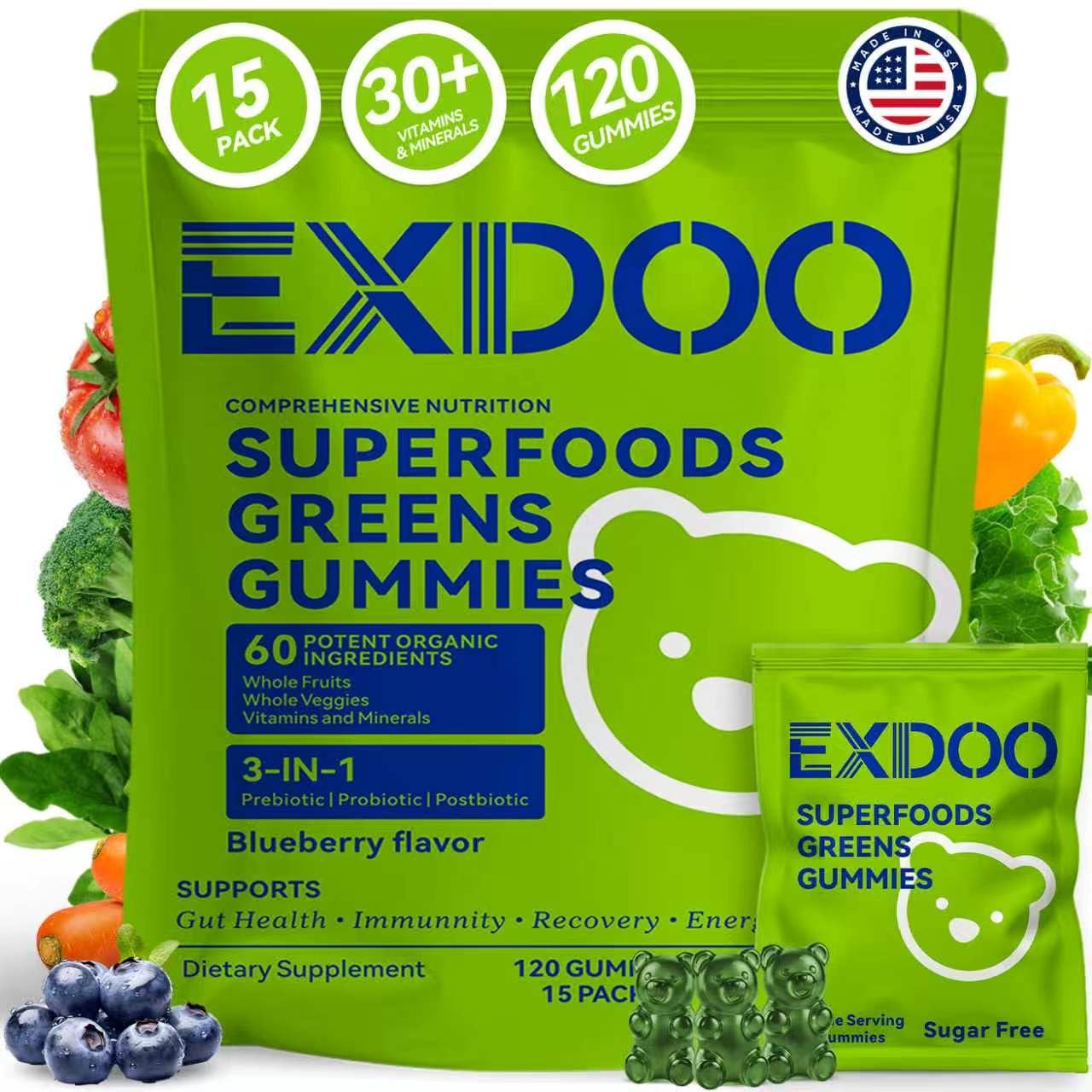 exdoo Super Greens Daliy Gummies Superfood Gummy, 120 Gummies