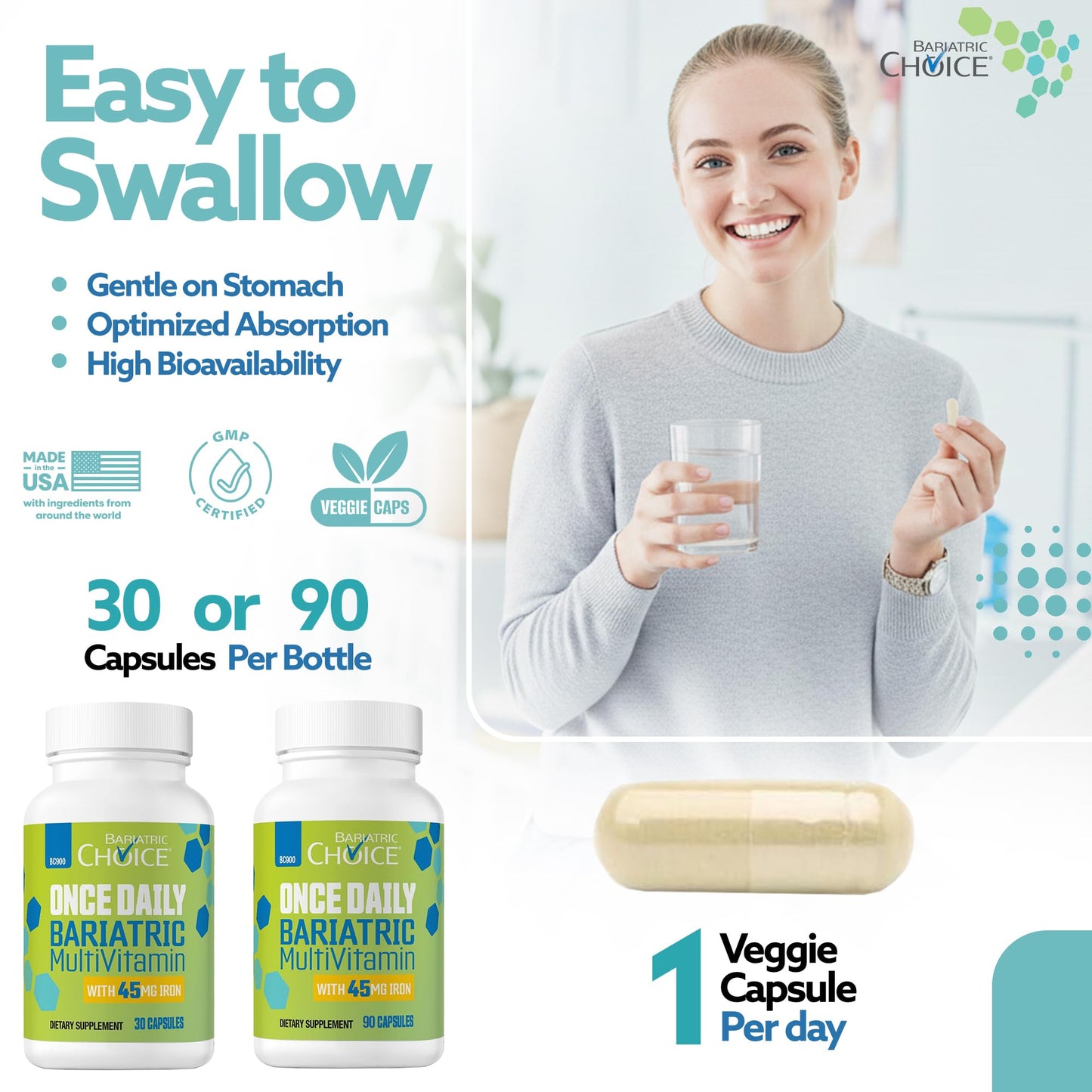 Bariatric Choice Once-Daily Bariatric Multivitamin Capsule with 45 mg Iron, 30 Count