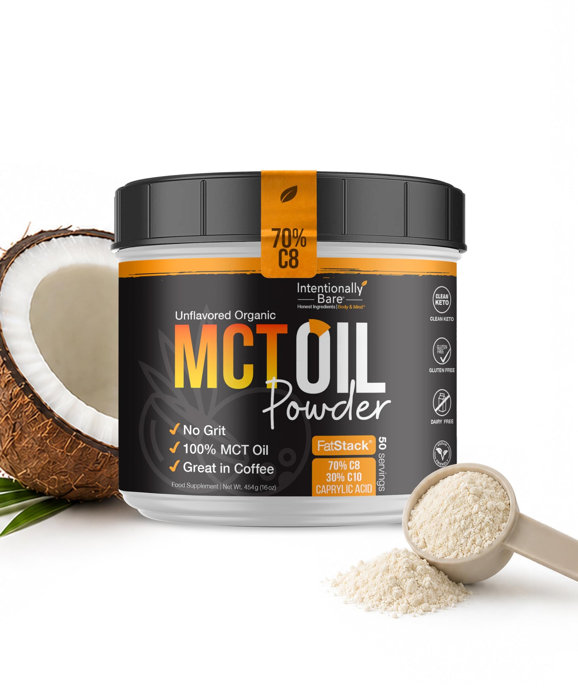 Intentionally Bare MCT Oil Powder Unflavored – Zero net Carbs 16 oz