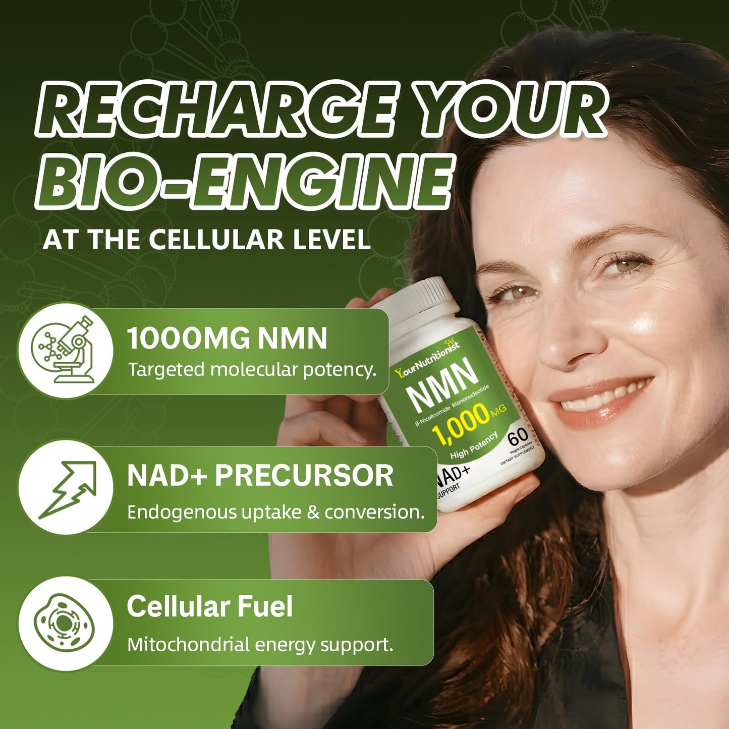 Your Nutritionist NMN Supplement 1000mg Per Serving, NAD+ Support Capsule, 60 Count