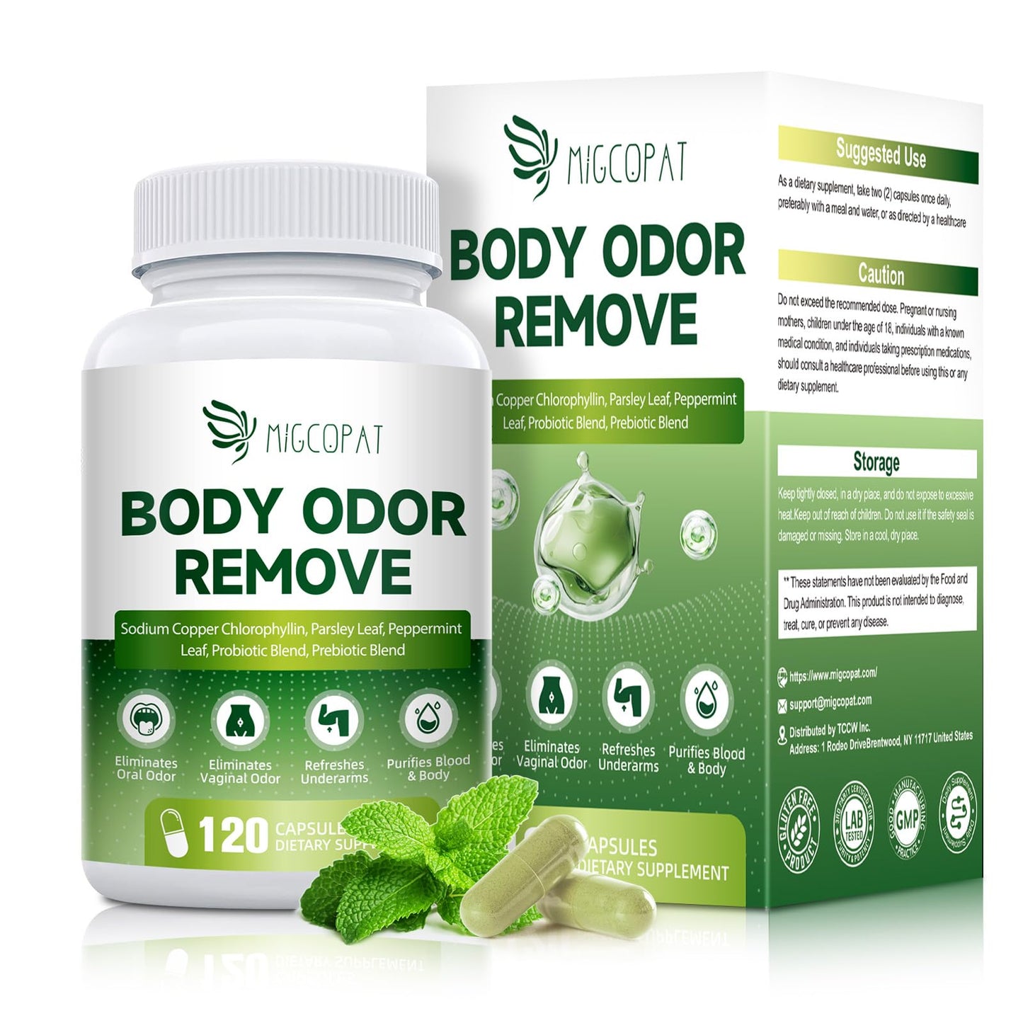 Migcopat Chlorophyll Body Deodorizing Supplement with 10 Billion CFU Probiotic, Vitamin C & E, Parsley, Peppermint, Green Tea, Prebiotics - Chlorophyll Capsules, 120 Capsules