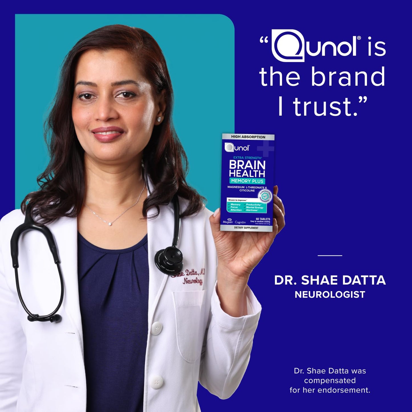 Qunol Brain Health Memory Plus Magnesium L-Threonate & Citicoline Tablets, 60 Count