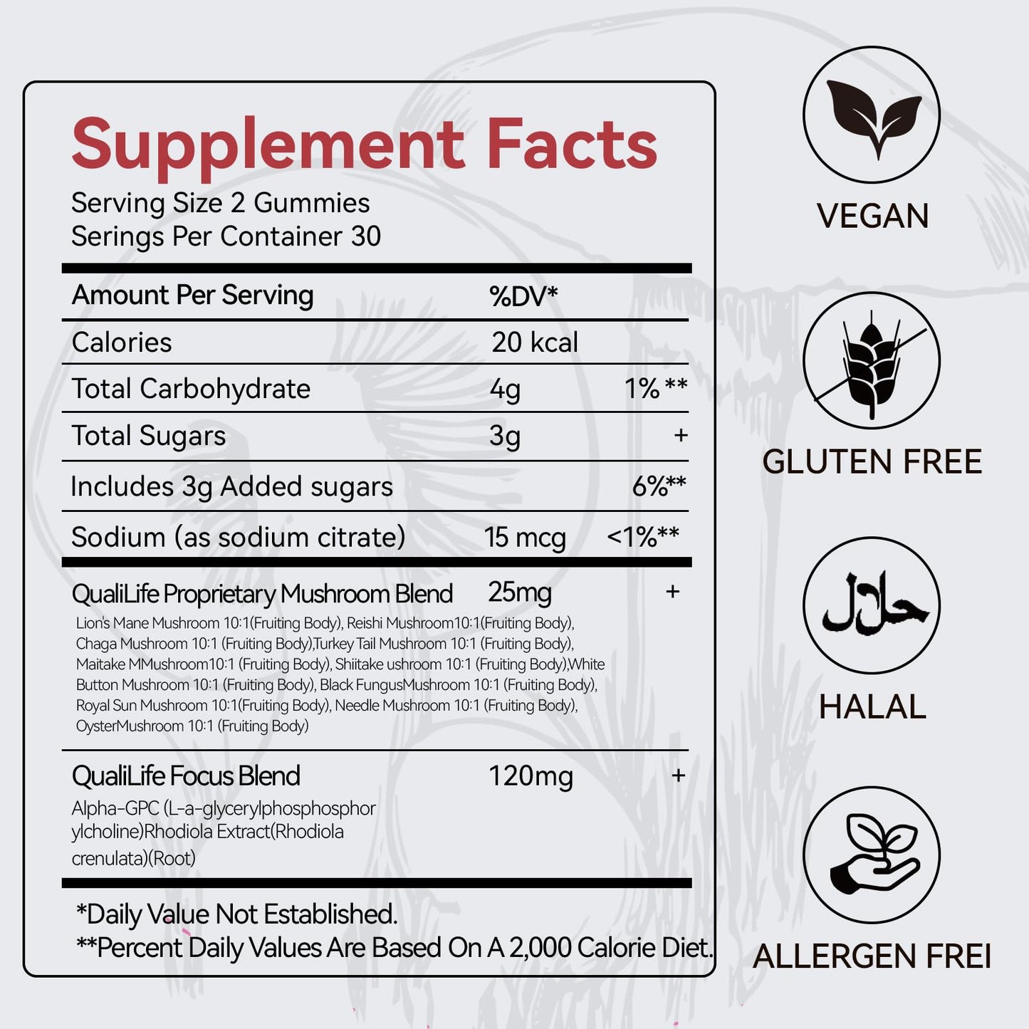 QualiLife Mushroom Gummies with Lion’s Mane, Alpha-GPC & Rhodiola – 12 in 1 Mushroom Complex Supplement with Reishi, Cordyceps, Chaga & Turkey Tail – Brain Focus & Memory Support 60 Count