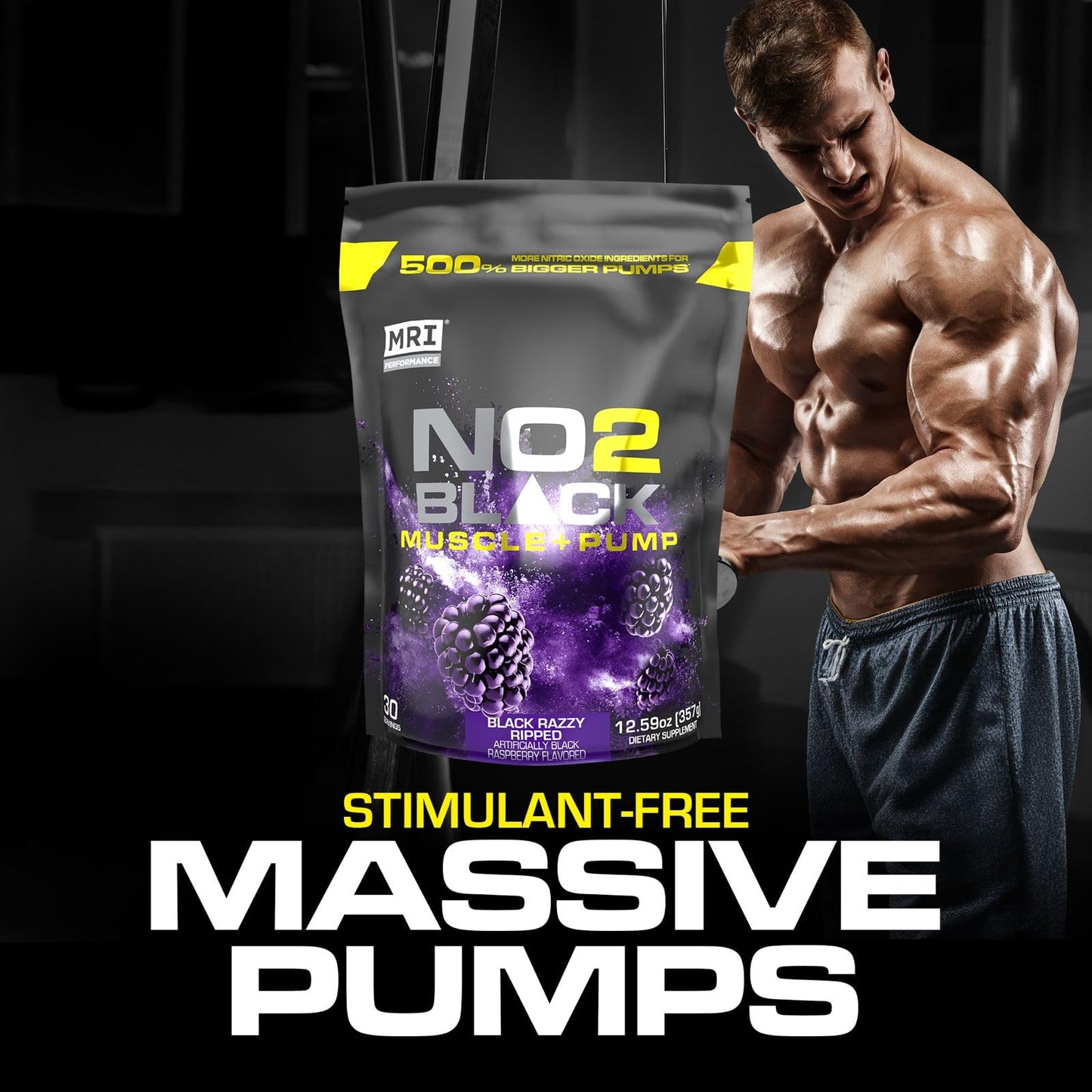 MRI NO2 Black Nitric Oxide, Pump & Muscle, Stim-Free (Black Razzy Ripped) Powder, 12.59 Ounce