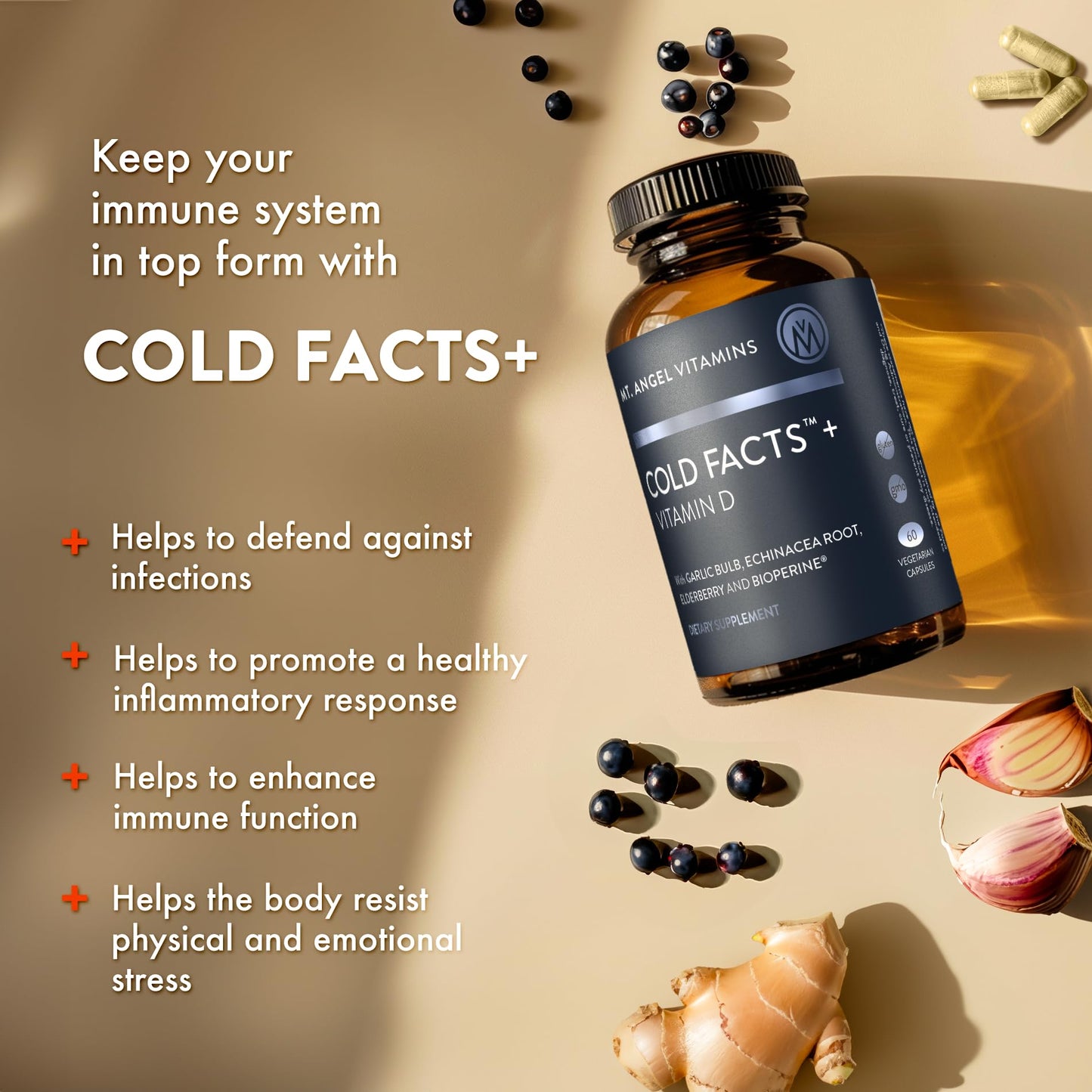 Mt. Angel Vitamins Cold Facts + Vitamin D, Immune System Support, 60 Vegetarian Capsules