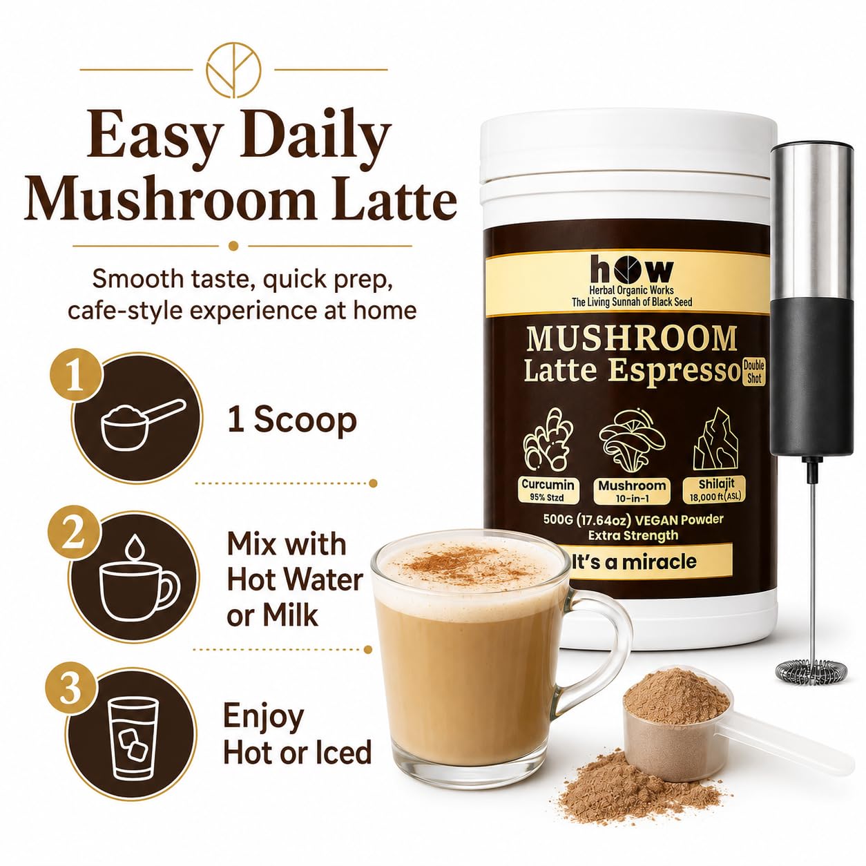 Herbal Organic Works 10-in-1 Mushroom Coffee Latte Powder, 1 Pack