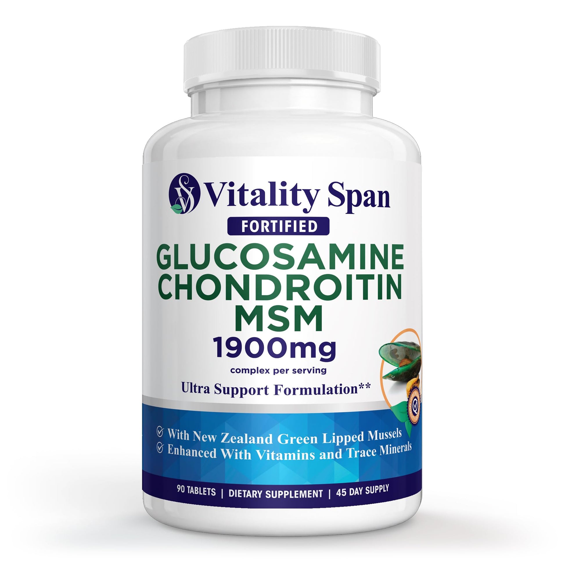 Vitality Span Glucosamine Chondroitin MSM Supplement 1900mg – High Potency Complex with Green Lipped Mussel, 90 Tablets