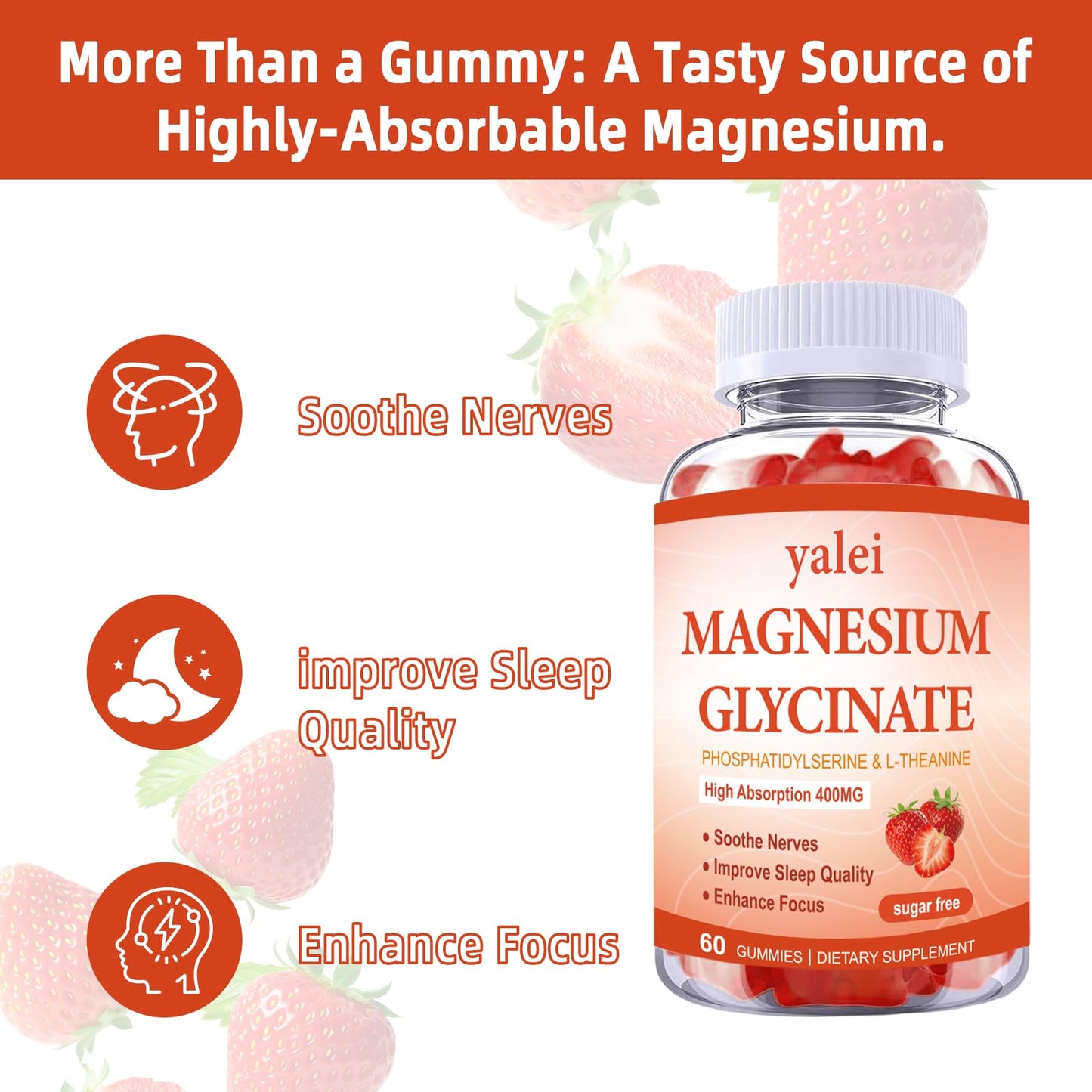 Yalei Magnesium Glycinate Gummies 400mg with L-Theanine, Phosphatidylserine – Sleep, Stress & Muscle Relief for Adults & Kids, Non-GMO, Vegan, Sugar Free, 60 Gummies