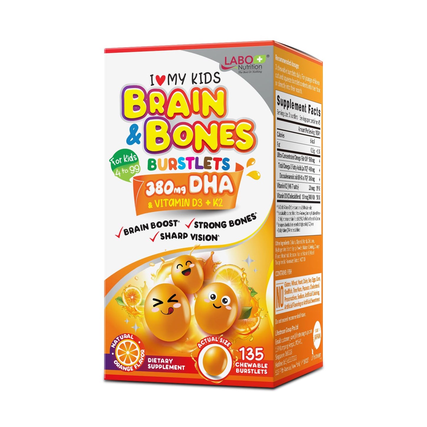 LABO Nutrition Kids Chewable rTG Omega-3 380mg DHA Vitamin D3 - Brain Bone 135 Count