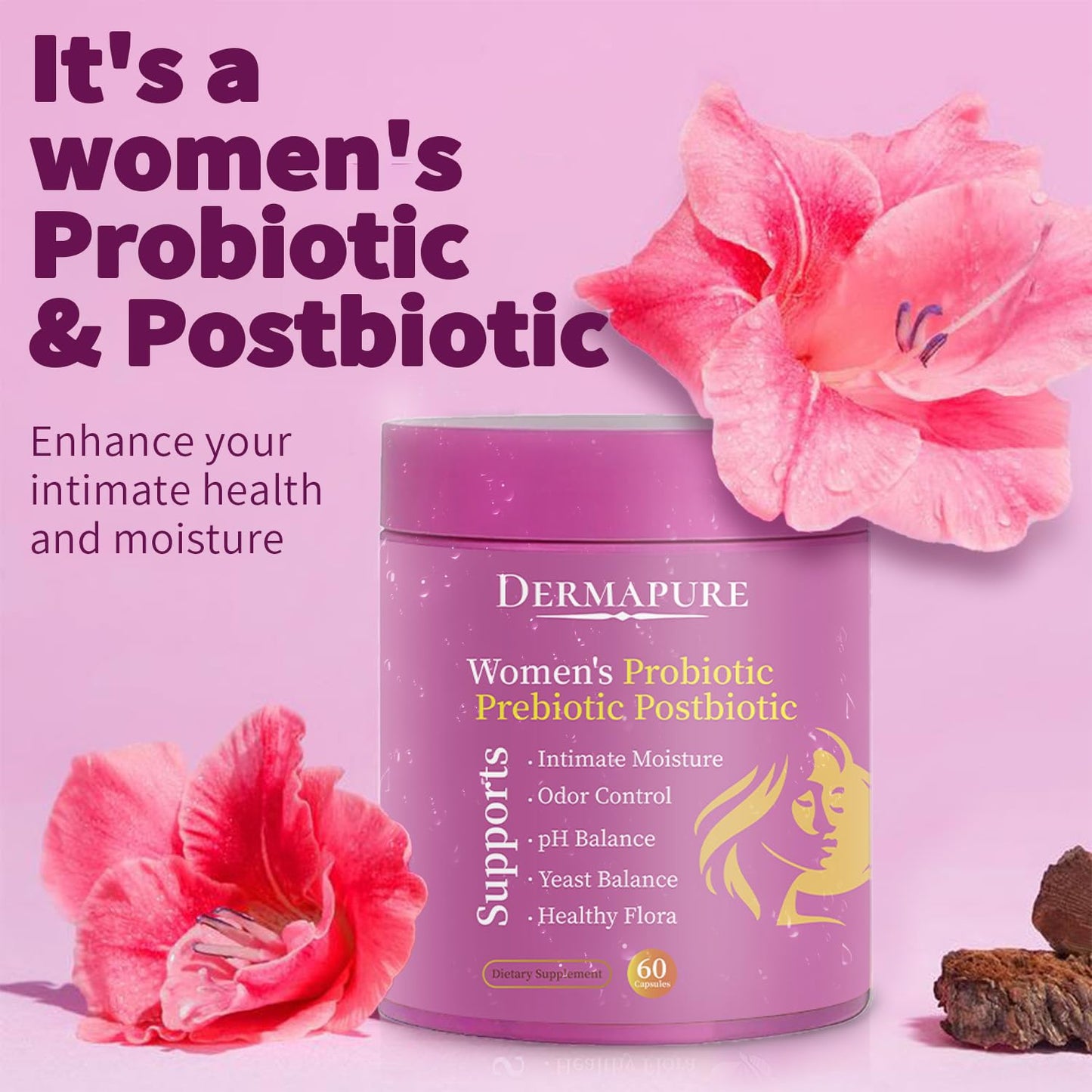DERMAPURE Women's Vaginal Probiotic, Prebiotic & Postbiotic with Cranberry Extract & Vitamin C - Vaginal Health Supplement Capsule, 60 Count