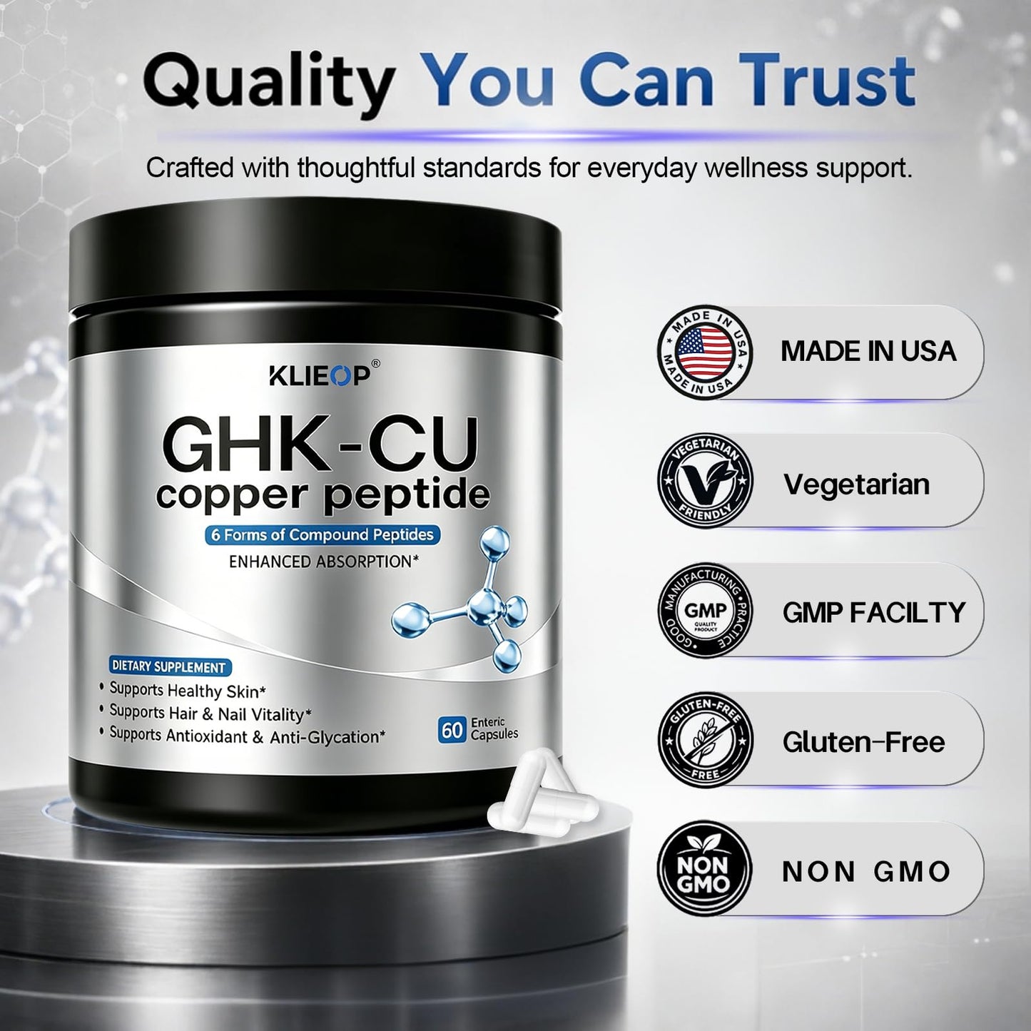 klieop GHK-Cu Copper Peptide Supplement GHK Cu Peptide Complex Capsule 60