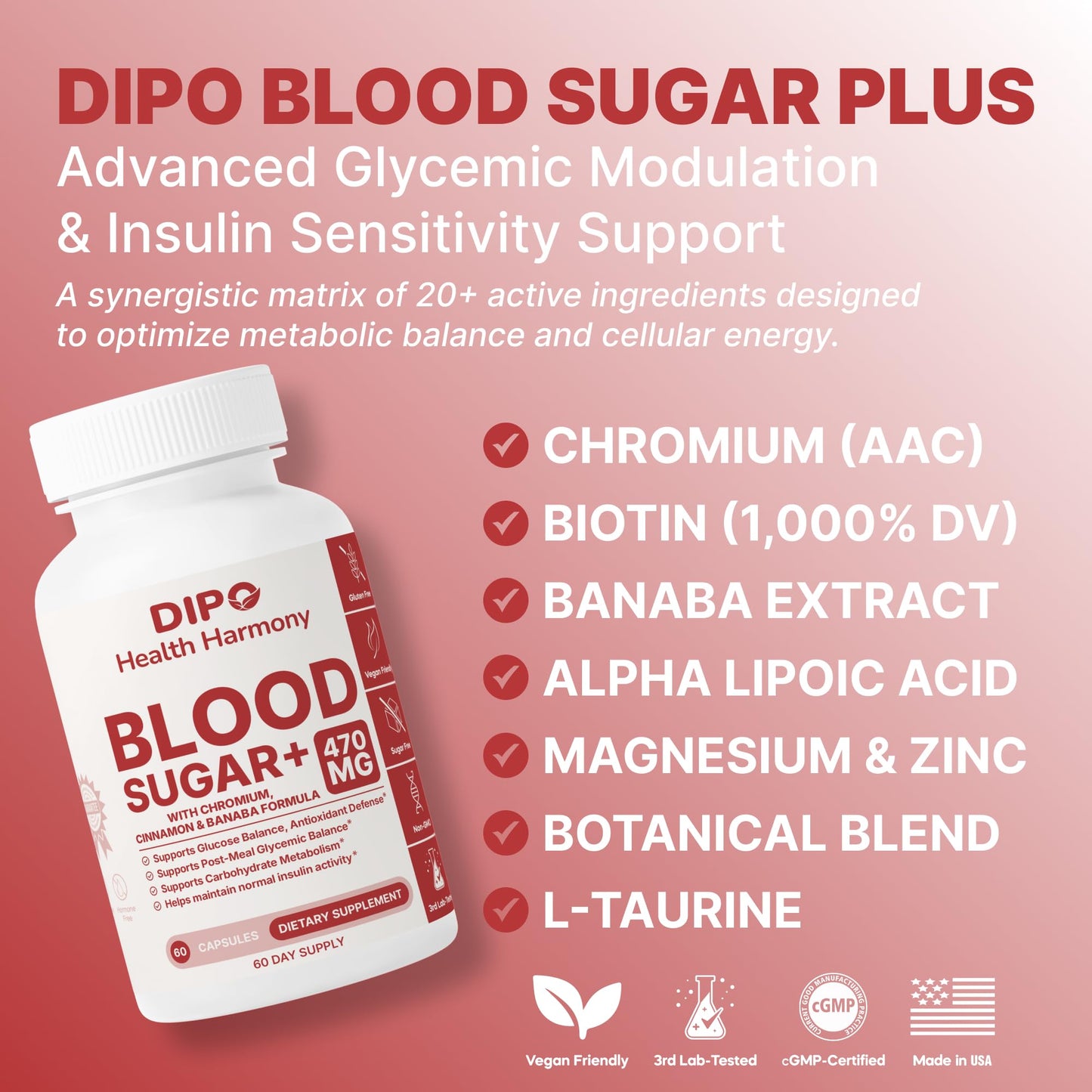 DIPO HEALTH HARMONY Blood Sugar Plus Multi-Vitamin with Biotin, Chromium, Cinnamon, Banaba Extract & Alpha Lipoic Acid Glucose & Carbohydrate Metabolism Support, 60 Capsules
