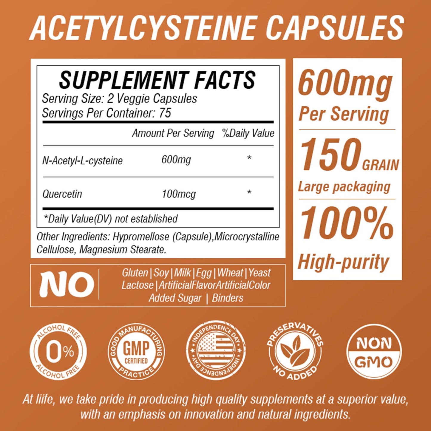 LIIFE NAC (N-Acetylcysteine) 600mg with L-Methylfolate and Quercetin Capsules, 150 Count