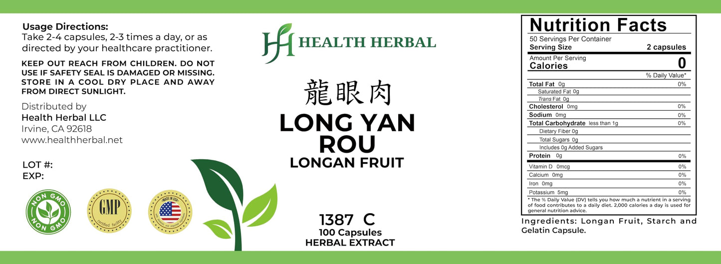 Health Herbal Long Yan Rou/Longan Fruit, 100 Capsules