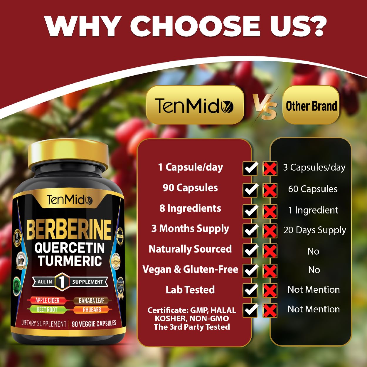 Tenmido Berberine Supplement Capsules, 90 Count
