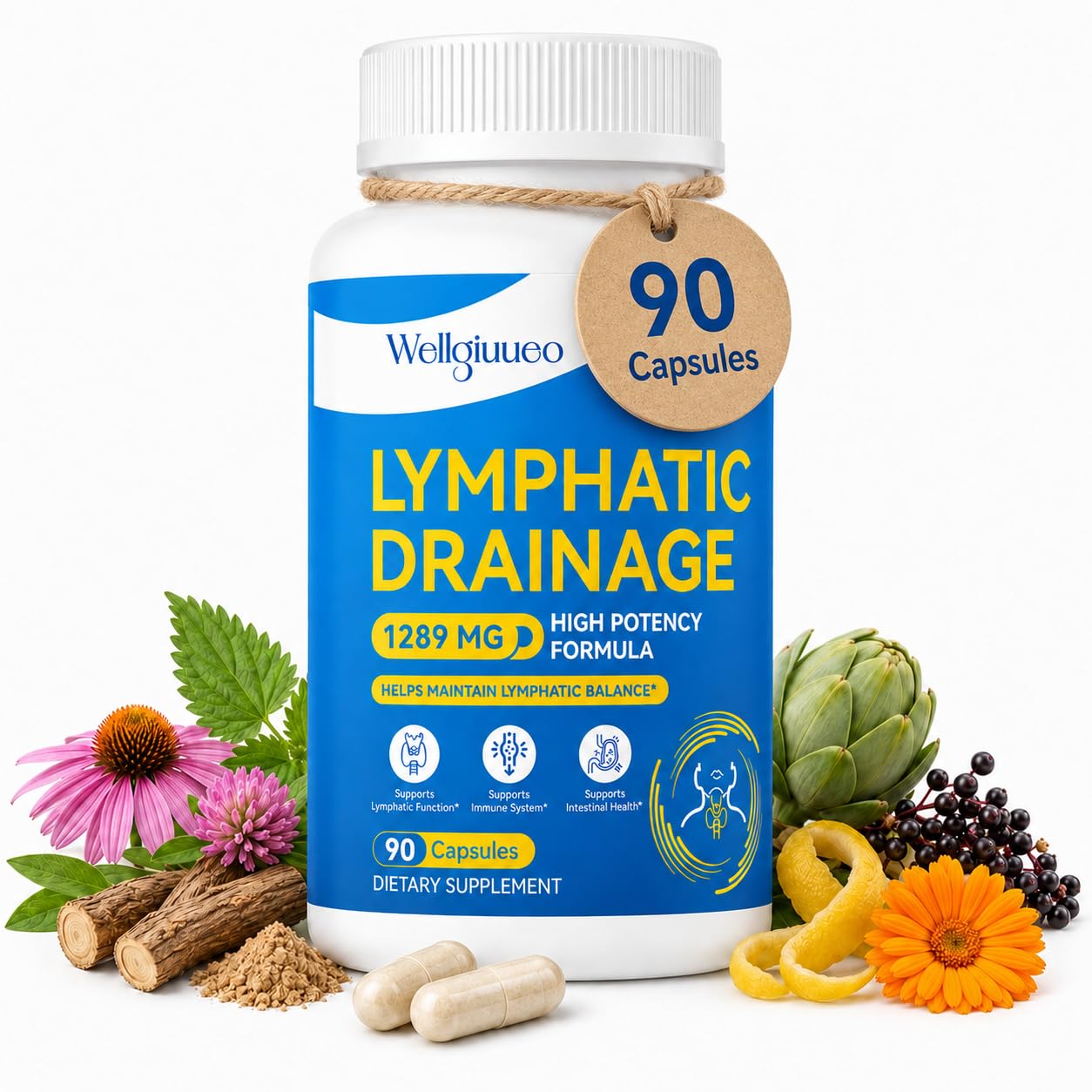 Wellgiuueo Lymphatic Drainage Supplements for Women and Men, 90 Capsules