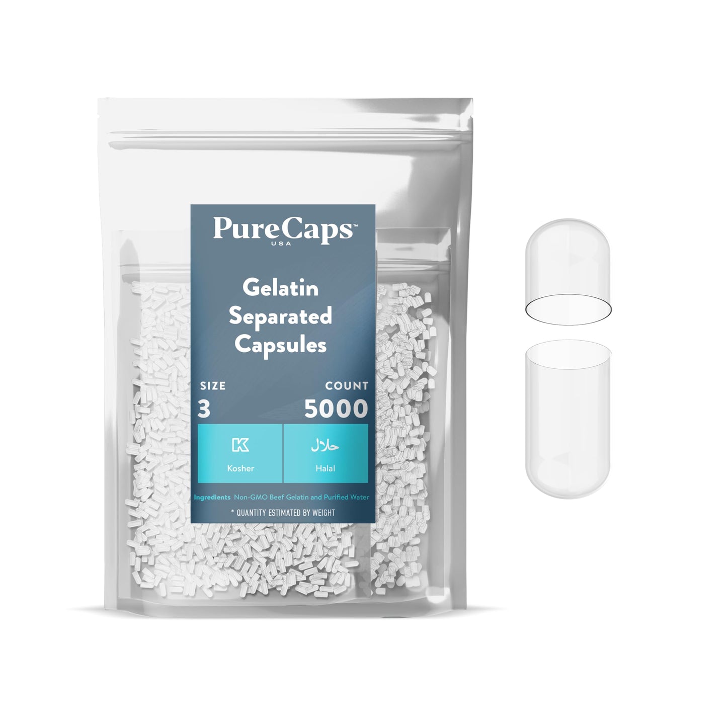 PureCaps USA Empty Gelatin Capsules Size 3, 5,000 Capsules