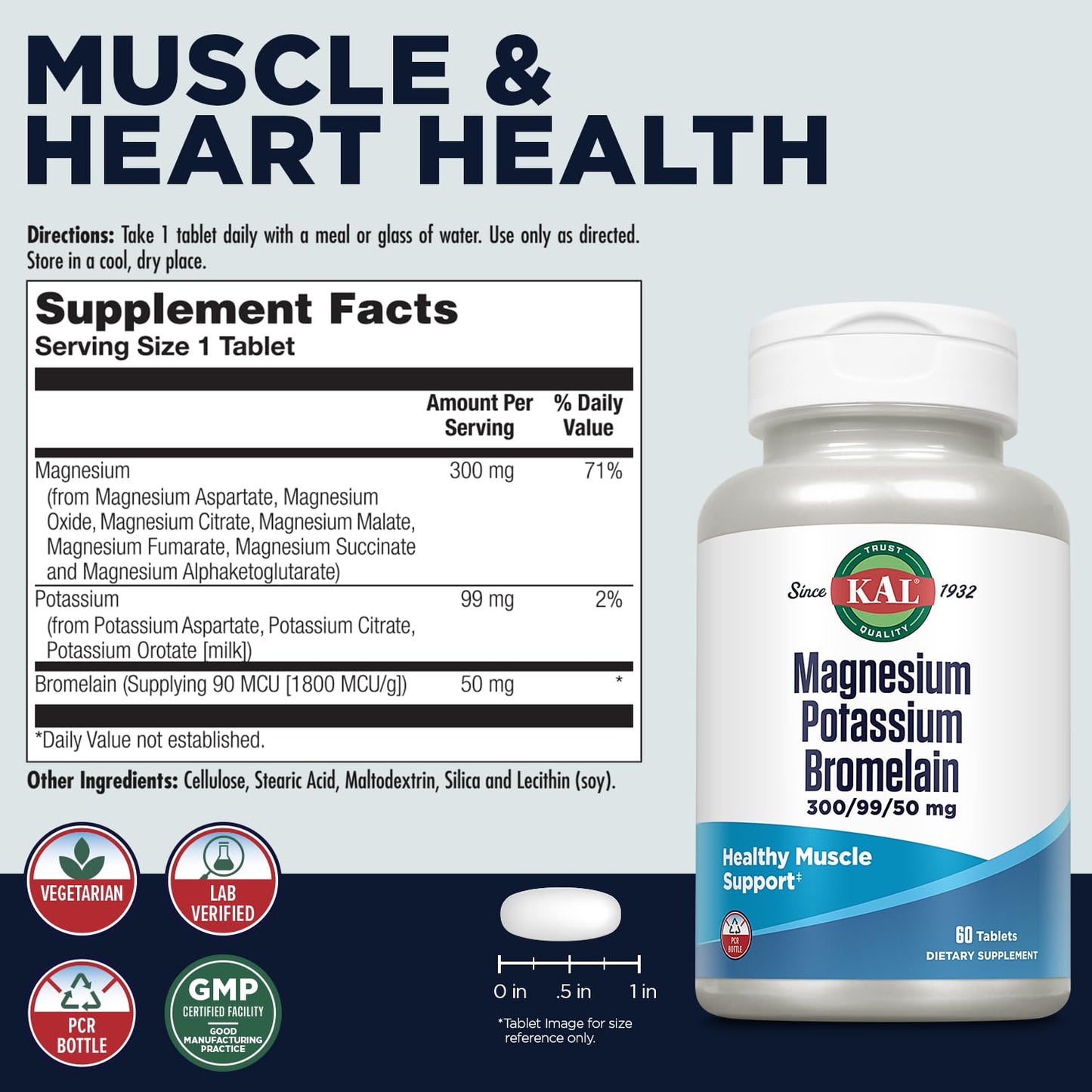 KAL Magnesium Potassium Bromelain Magnesium Complex Tablets, 60
