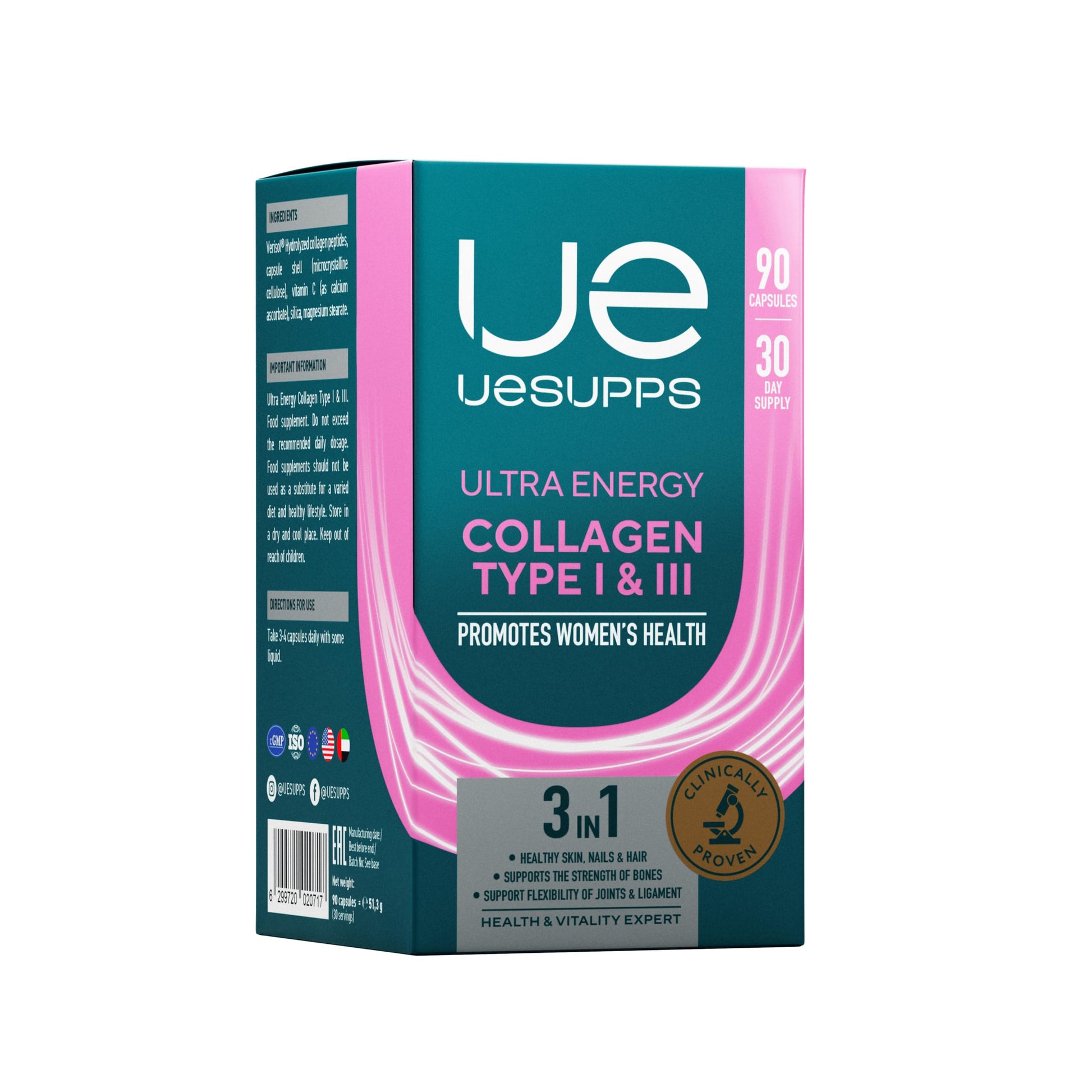 UESUPPS Collagen Type I & III with Vitamin C, 90 Capsules