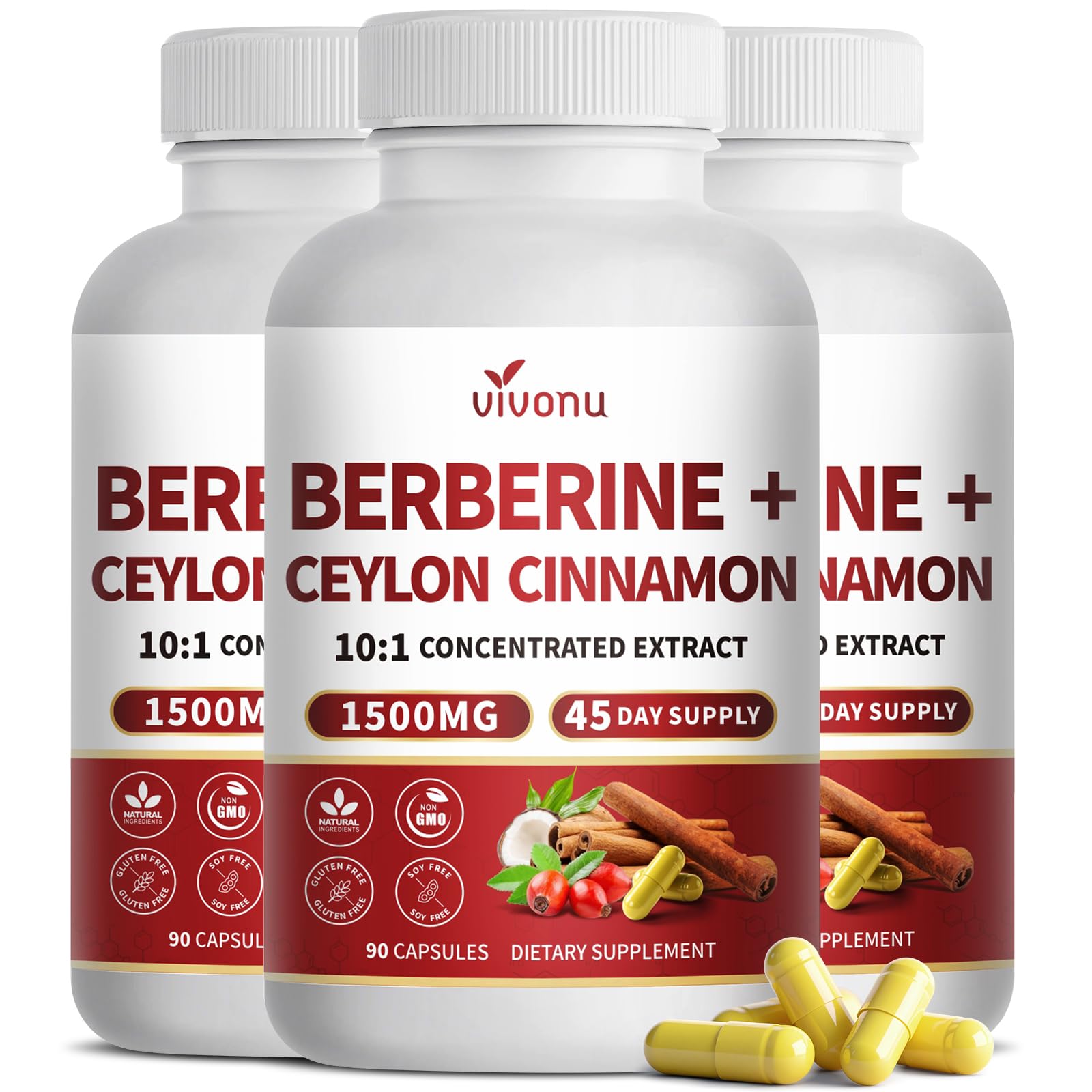 VivoNu Berberine with Ceylon Cinnamon Capsules, Berberine HCL 1200mg, Ceylon Cinnamon 250mg, 10:1 Concentrated Extract for Liposomal Formula, Supports Immune and Digestive Health, 3 Bottles