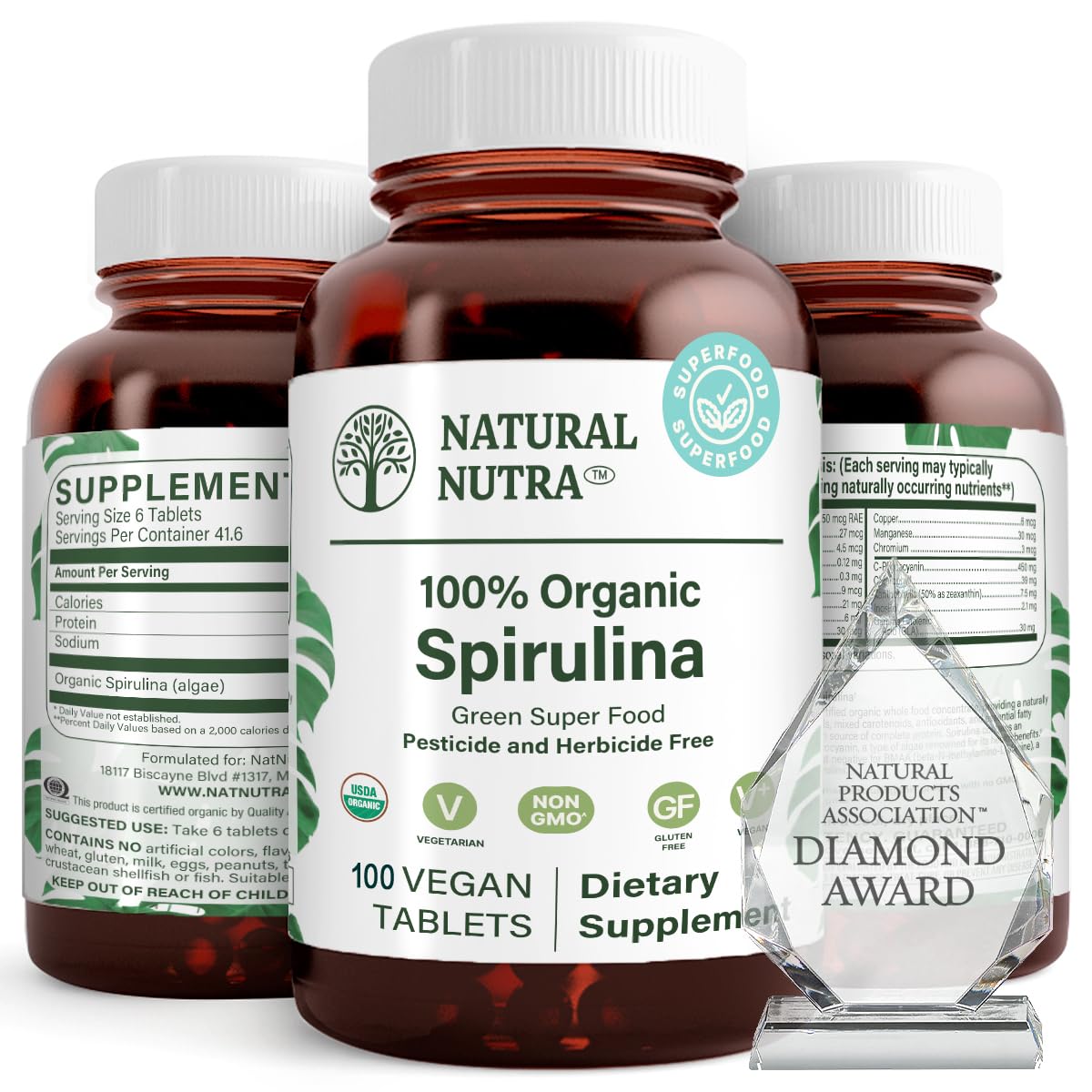 Natural Nutra 100% USDA Organic Spirulina, 250 Tablets