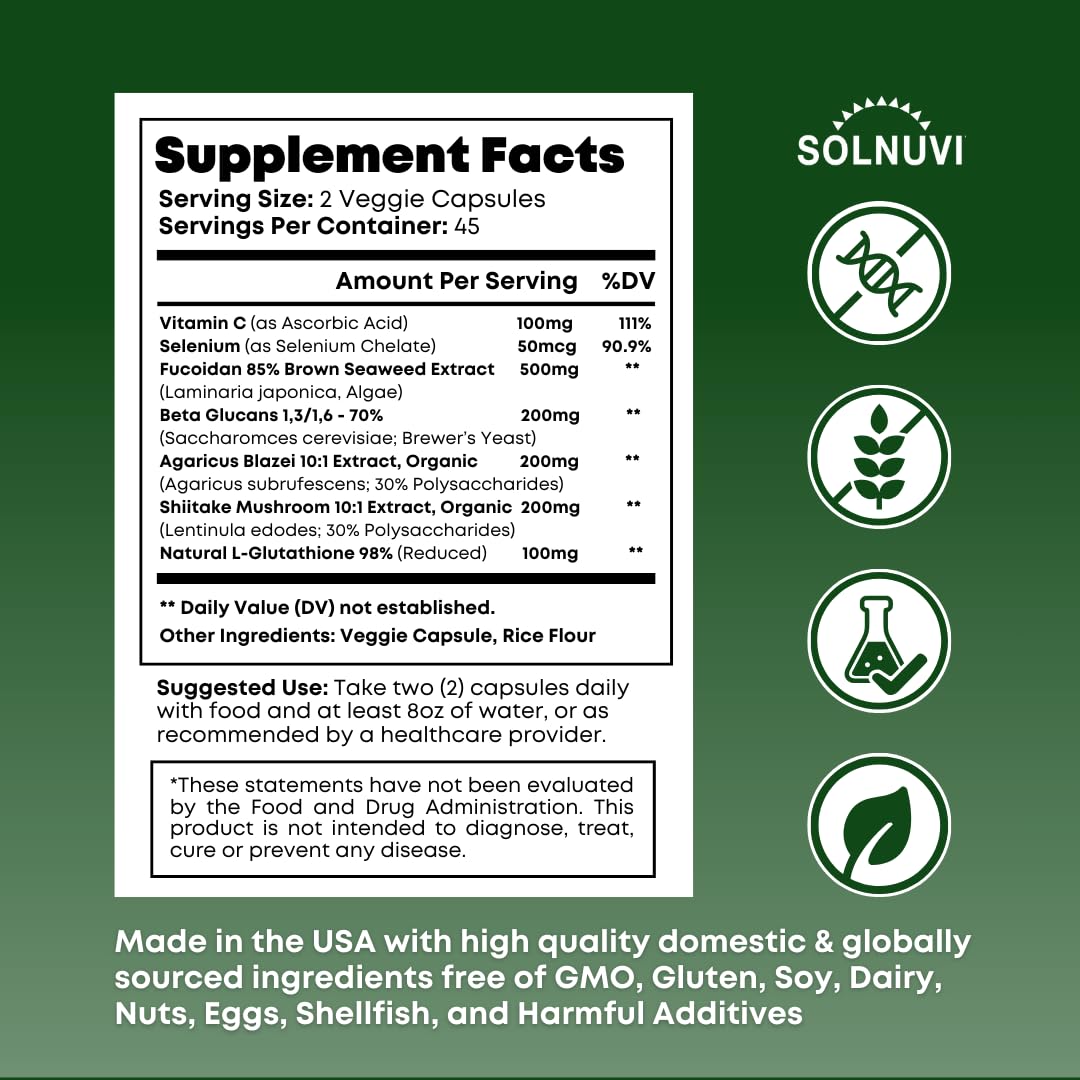 SOLNUVI Beta Glucan & Fucoidan Brown Seaweed Extract - L Glutathione, Shiitake, Agaricus Blazei Mushroom, Vitamin C - Immune, Cellular, Healthy Aging Support 90 Capsules