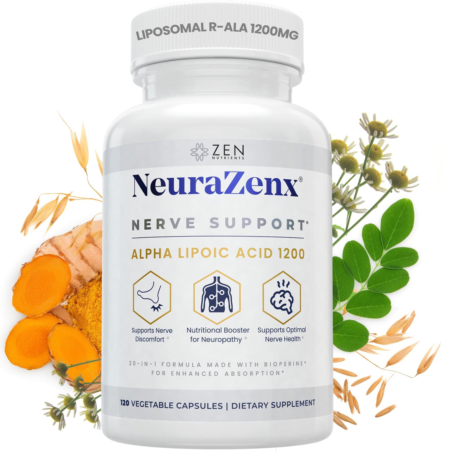 Zen Nutrients 1200mg Alpha Lipoic Acid R Matrix + Benfotiamine + B Complex Nerve Support NeuraZenX Neuropathy Support Supplement with L-Carnitine and Turmeric, 120 Capsules