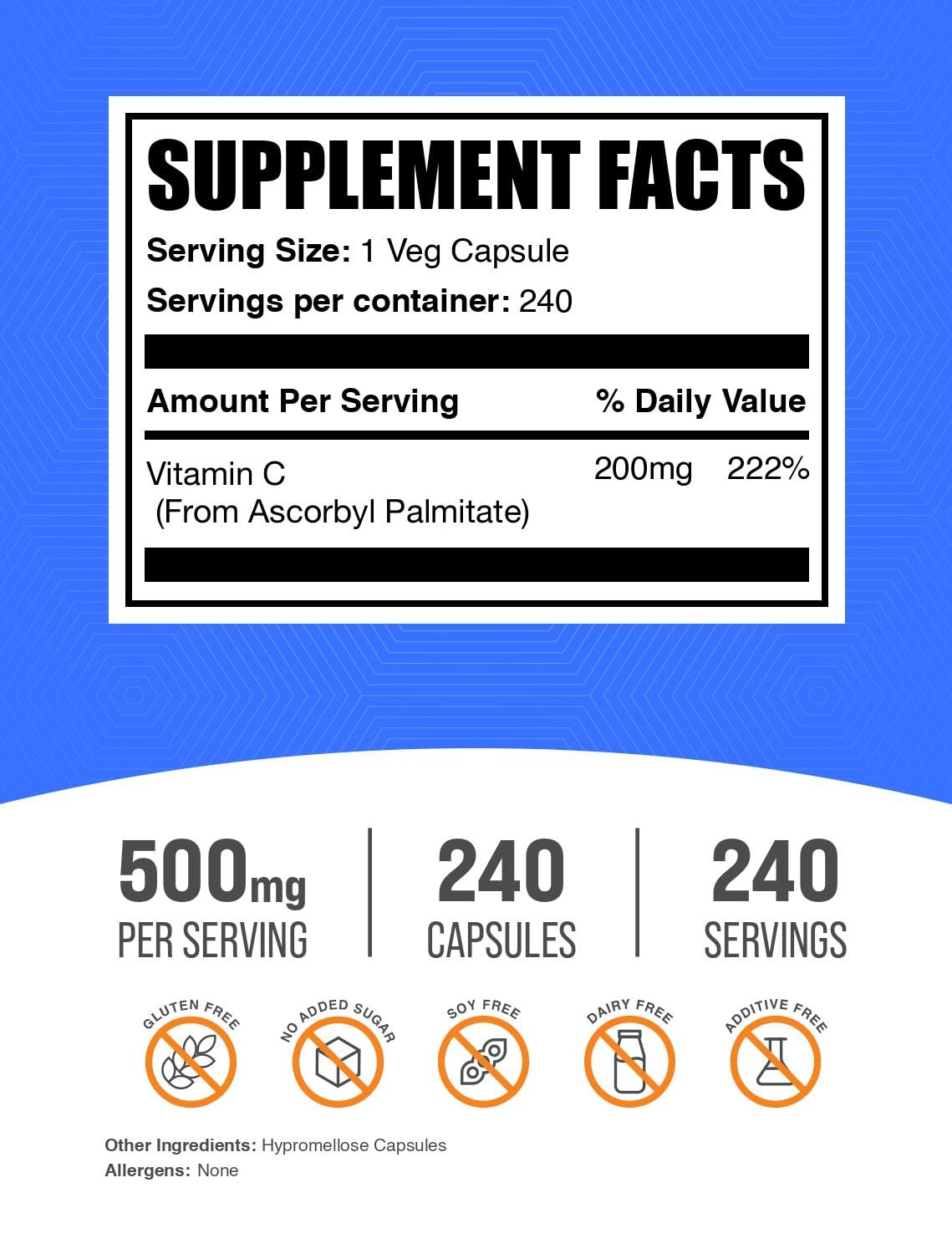 BulkSupplements Ascorbyl Palmitate Capsules - Vitamin C Ester, Vitamin C Supplement, 240 Count