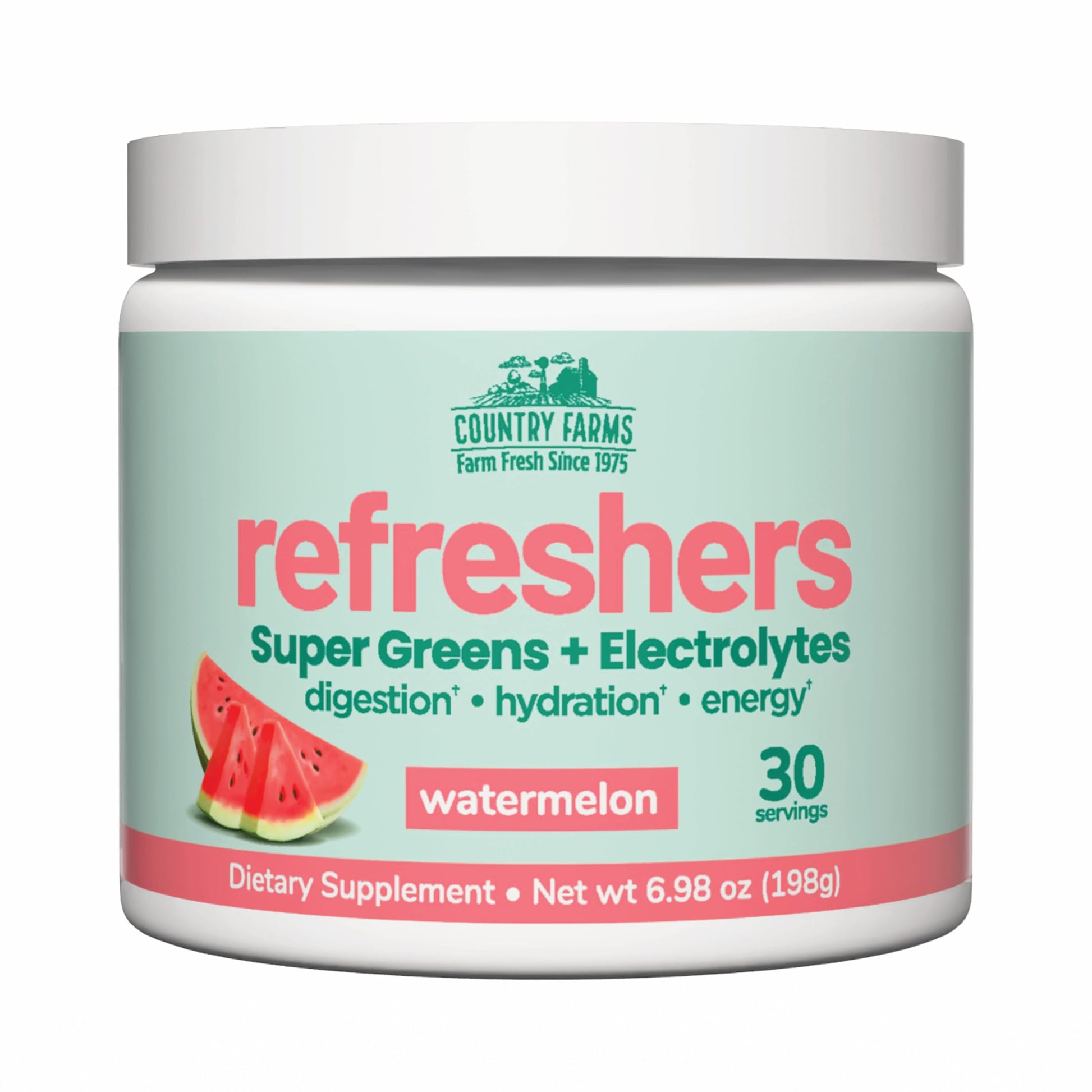Country Farms Refreshers, Super Greens and Electrolytes, Essential Minerals and Superfoods, Hydration Support, Promotes Natural Energy, with Fiber, Watermelon Powder 6.98 oz