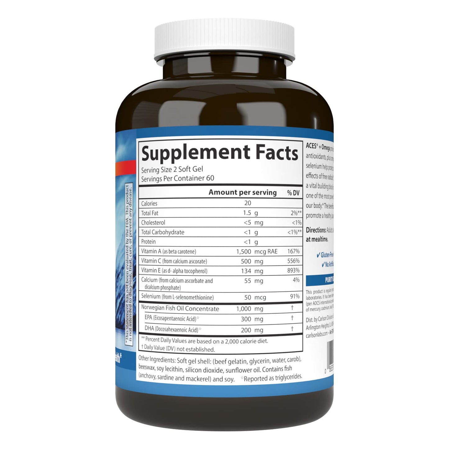 Carlson ACES + Omega Vitamins A, C, E & Selenium + Omega-3s EPA and DHA, Health Support Softgels, 120