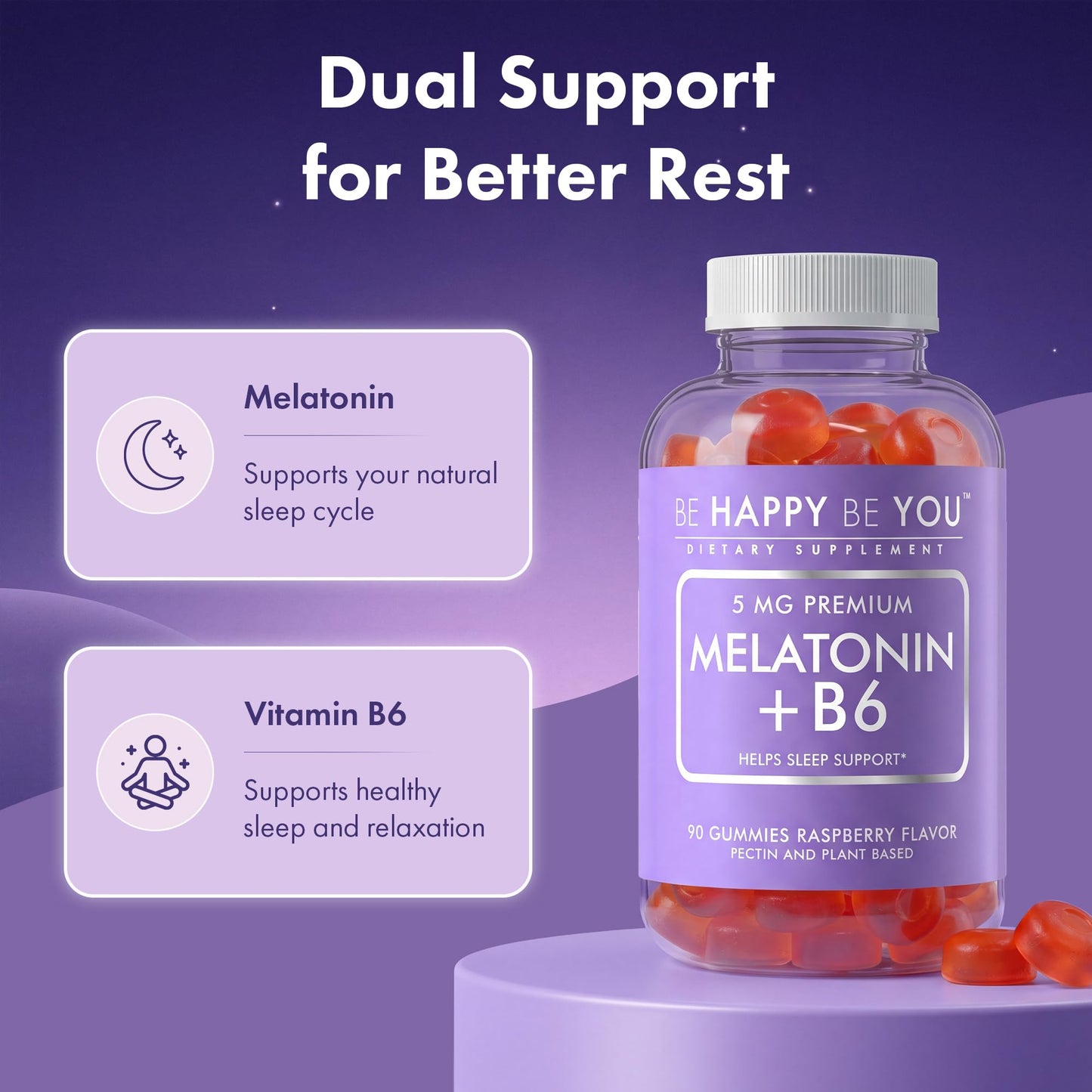 Be Happy Be You Melatonin Gummies 5mg with Vitamin B6, Raspberry Flavor, 90 Count